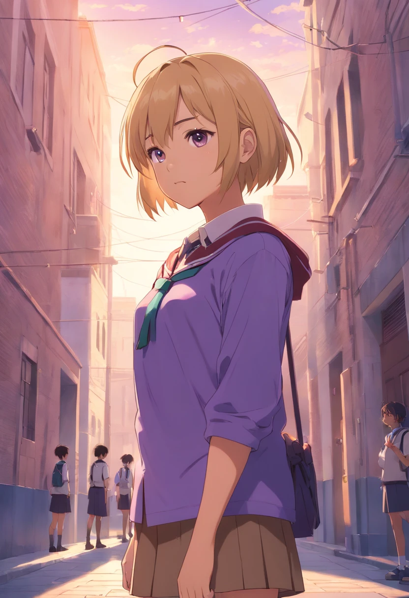 " girl, brown skin, of African-American descent, short blonde hair at shoulder length, violet eyes, wearing a magic school uniform, holding a mystical scepter to channel her magic. She has a sad expression. She is in the school courtyard, with students visible in the background; blur them to make the girl stand out."