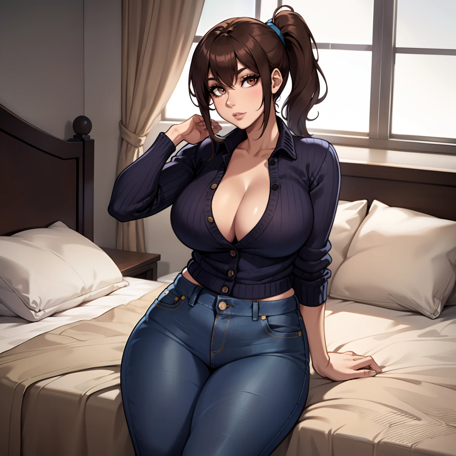 female, wearing blue low open button up sweater with tight jeans, brown ponytail haircut, has brown eyes, showing cleavage, relaxing on bed, blue sweater, solo, alone (SOLO)(ALONE)