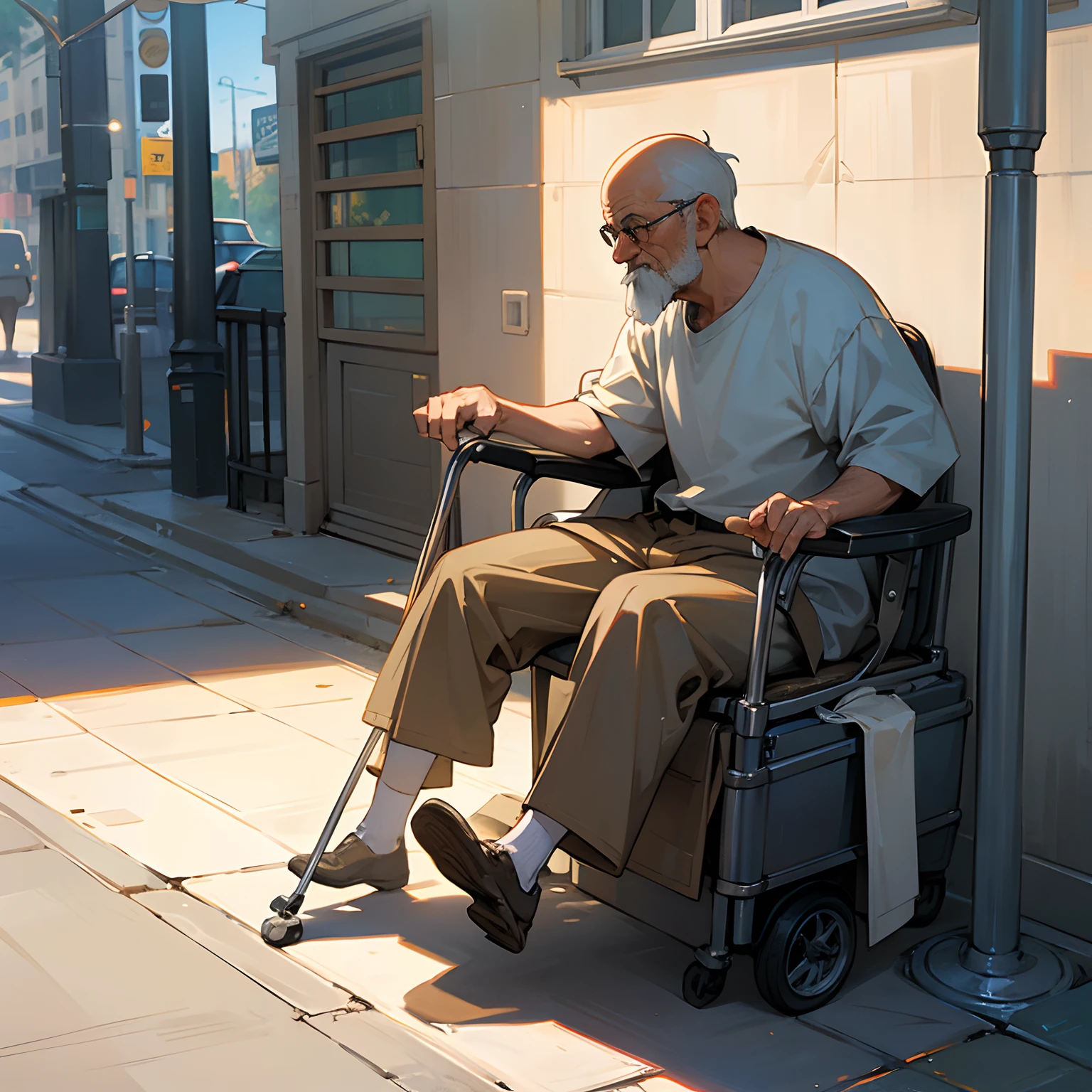 The old man basks in the sun on the street on crutches