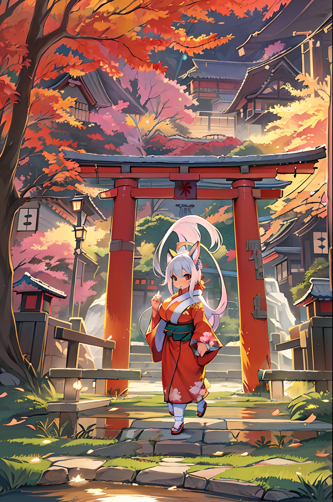 Fox Woman、body covered with fur、huge-breasted、kawaii、shrine maiden、Japan white clothes,Red Hakama、torii gate,((High Position))、A big smile、bbw、thick thight、big butts、Ultramammy,Chibi,Nanachi、Beautiful shrine scenery, autumn day,kaede、 Pines, Anime Background Art, japanese art style, beautiful anime scene, detailed scenery - width 672, Background art, Anime landscapes, Anime Background, Beautiful anime scenery, Beautiful peace scenes in anime, landscape artwork, Japan Village, Anime landscape concept art, 8K))、a lot of fallen leaves