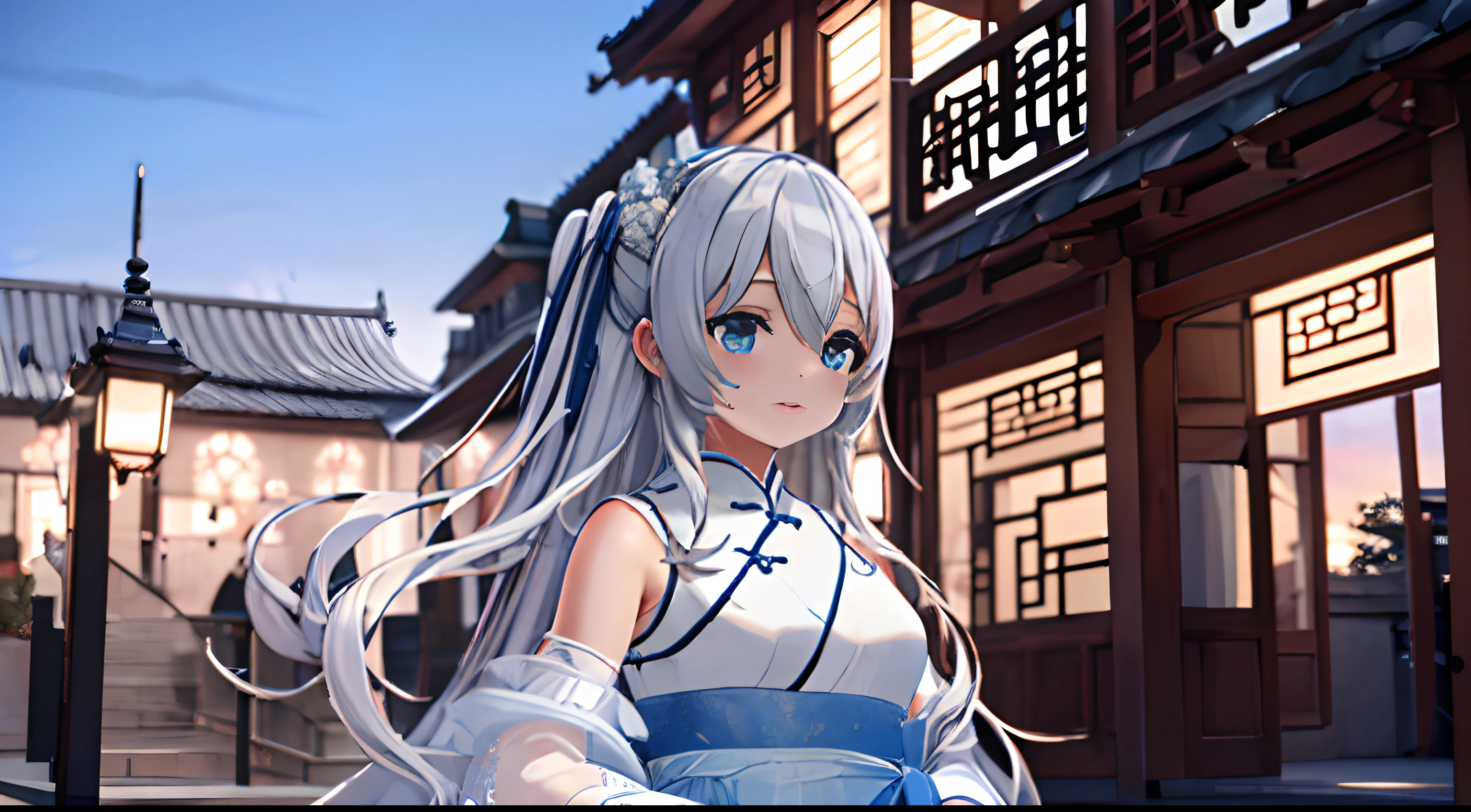 ((Best quality)), ((Masterpiece)), ((Ultra-detailed)), (illustration), (Detailed light), (An extremely delicate and beautiful),A charming young girl,long  white hair,Blue sky,(Chinese Garden),(Sword dance)