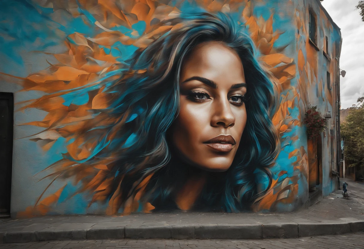 Mural graffiti of a woman with long hair blowing in the wind and maple leaves on a urban wall, street art 8 k, stunning artwork, by Tony Sart, by NEVERCREW, by Galen Dara, street art, beautiful digital artwork, by Camilo Egas, painted on a giant wall, amazing artwork, by Matteo Pérez, streetart, street art:4 masterpiece, street art : 4 masterpiece, graffiti urban wall style, mexico city landscape, sunlight, (high quality:1.2), dynamic expression, soft color, volumetric light, (masterpiece mural painting), (intricate details), (hyperdetailed), highly detailed, lot of details, high quality, cinematic lighting, detailed texture, dynamic creative mural wall, full shot, dynamic wide angle view