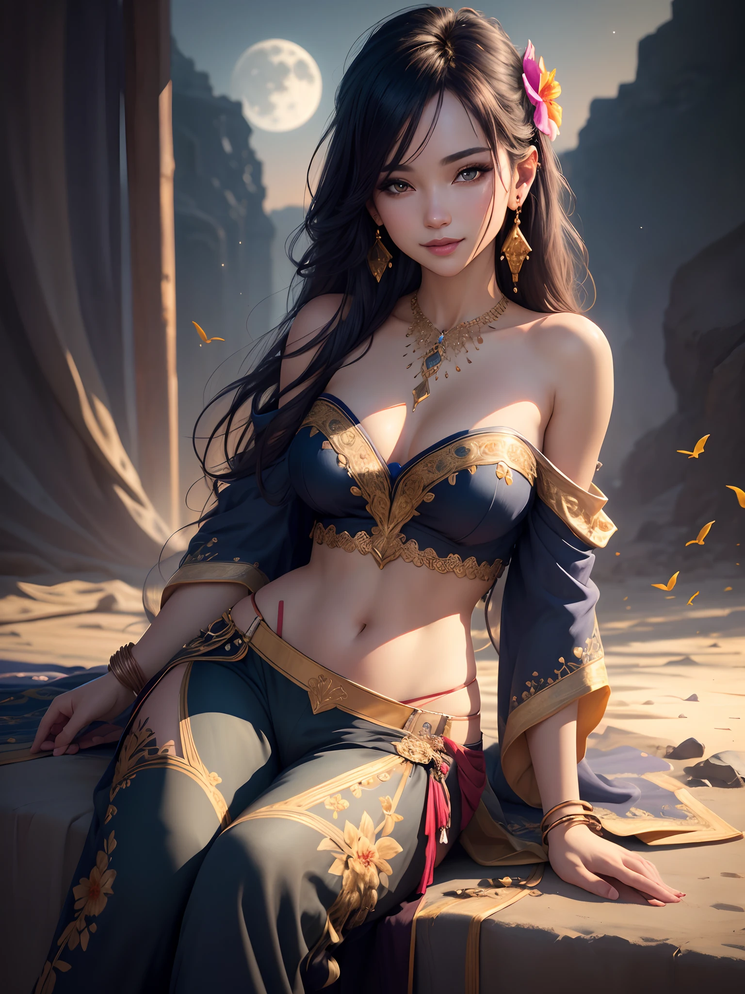 jasmine 1girl, solo, looking at viewer, smile, shirt, bare shoulders, jewelry, sitting, full body, flower, earrings, pants, off shoulder, crop top, makeup, bird, border, moon, full moon, off-shoulder shirt (realistic:1.2), (realism), (masterpiece:1.2), (best quality), (ultra detailed), (8k, 4k, intricate),(full-body-shot:1), (85mm),light particles, lighting, (highly detailed:1.2),(detailed face:1.2), (gradients), sfw, colorful,(detailed eyes:1.2)(detailed background),detailed landscape, (dynamic angle:1.2), (dynamic pose:1.2), (rule of third_composition:1.3), (Line of action:1.2)