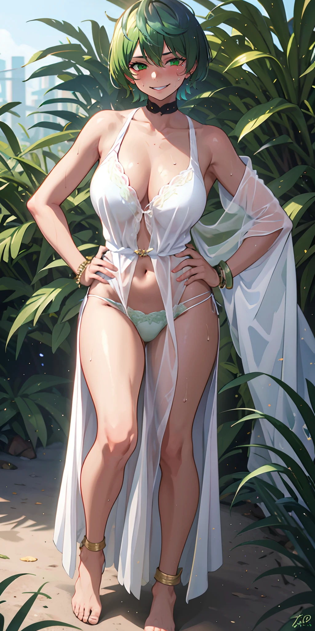 tenka izumo, (short hair, green hair:1.6), green eyes, multicolored hair, (sweating:1.4), glowing eyes, heavy breathing, breasts, 1girl, jewelry, see-through, bracelet, dress, anklet, cleavage, plant, solo, choker, large_breasts, looking_at_viewer, standing, collarbone, bare_shoulders, barefoot, hands_on_hips, underwear, white_dress, navel, bangs, full_body, panties, feet, glow effects, godrays, Hand drawn, render, 8k, octane render, cinema 4d, blender, dark, atmospheric 4k ultra detailed, cinematic, Sharp focus, big depth of field, Masterpiece, colors, 3d octane render, 4k, concept art, trending on artstation, hyperrealistic, Vivid colors, extremely detailed CG unity 8k wallpaper, trending on CGSociety, Intricate, High Detail, dramatic,