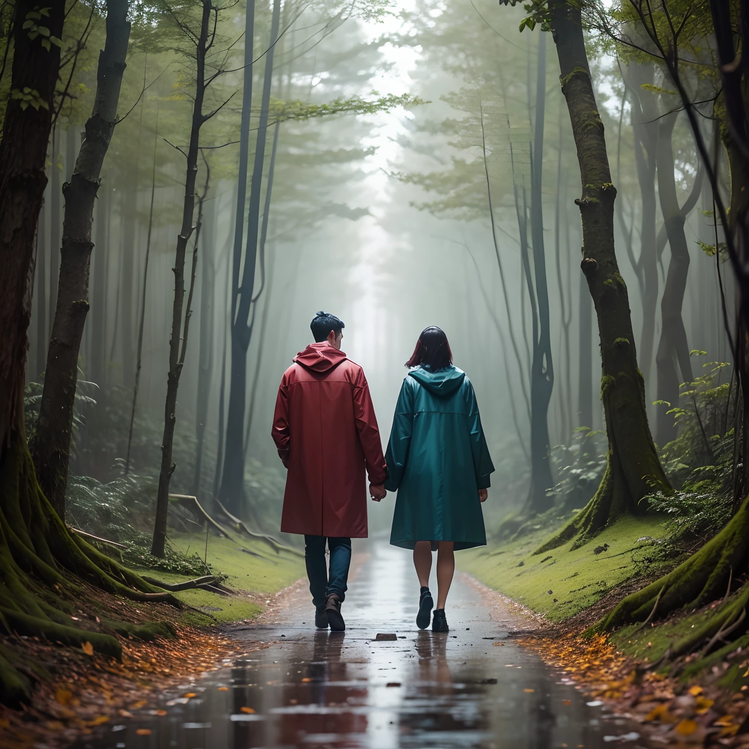 Couple walking deep into a forest on a rainy day. Many trees have fallen and there is colorful coats that the two are wearing