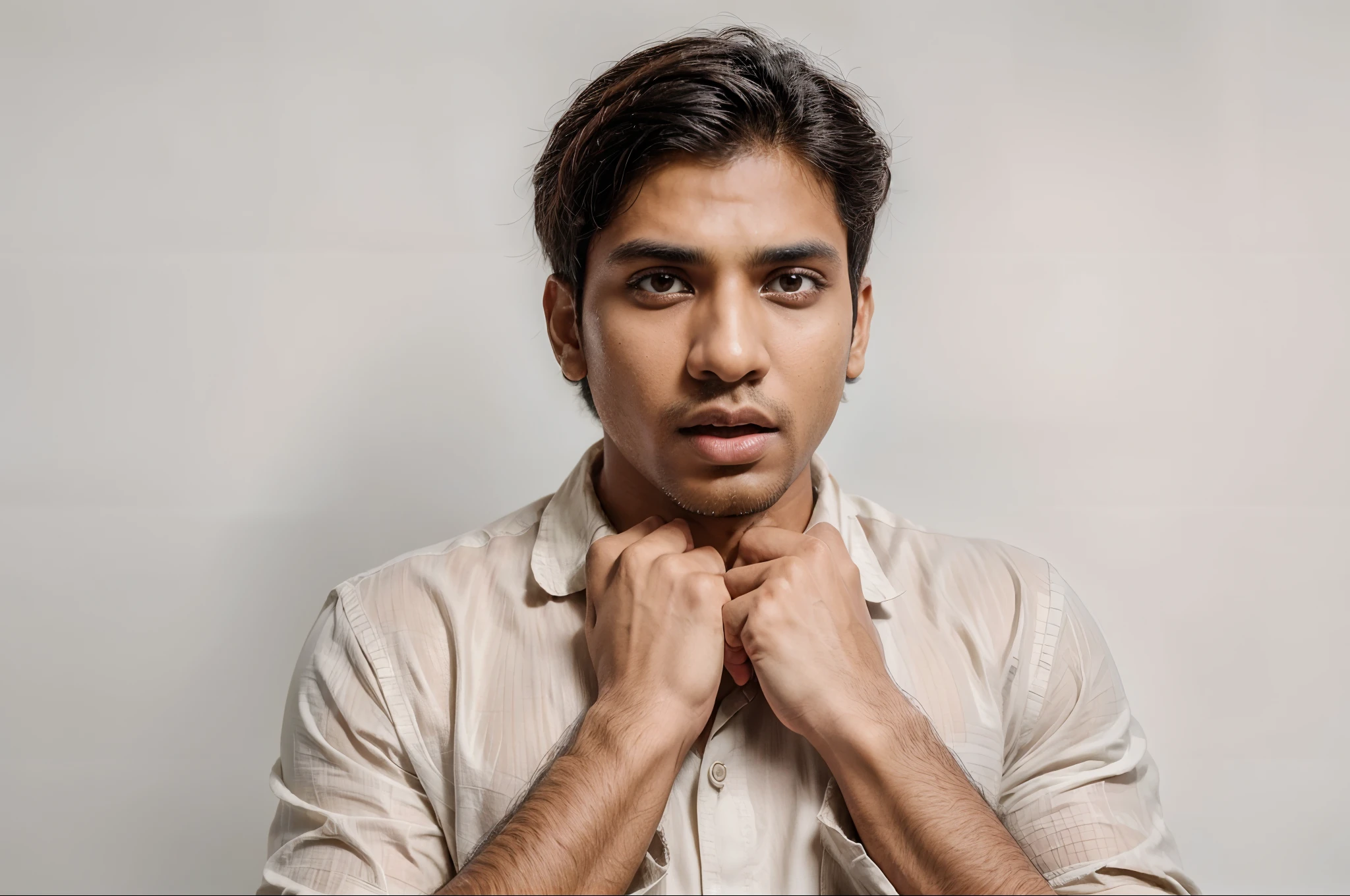 ((Masterpiece)), ((8k)),((ultra-high resolution)), Indian boy,   perfect face,fair skin, wearing shirt, startled, scared, cheap surrounding,