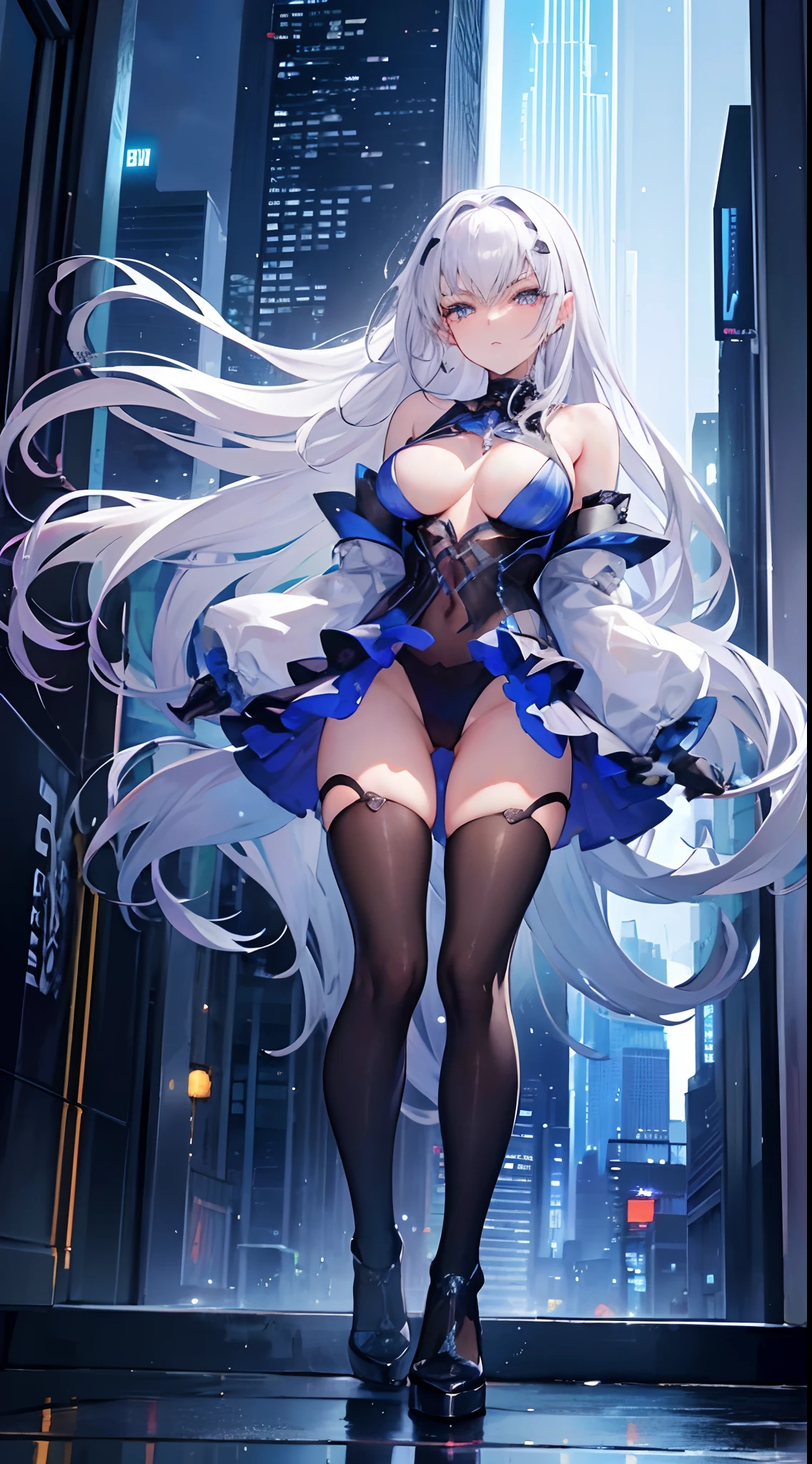 (best quality,4k,masterpiece:1.2),ultra-detailed,anime:1.2,silver hair,orange eyes,wet bikini,city background,beautiful detailed eyes,full body,long eyelashes,dark night city view,shiny streets,tall buildings,colorful lights,reflection on the wet ground,water droplets on the skin,wet hair dripping,long wet shadows,glowing neon signs,shimmering skyscrapers,vibrant atmosphere,deep blue sky,glistening raindrops,serene expression,confident pose,unique style,exquisite artwork,dynamic composition,dramatic lighting,subtle color palette,attractive beauty,captivating charm,magical ambience,entrancing scene,unforgettable impressionwow,this is the best ultimate masterpiece,4k high-definition anime image,which shows a beautiful girl with silver hair and orange eyes wearing a wet bikini standing in a city background. Her eyes are extremely detailed, full of charm and expressiveness. Her gaze is focused and her long eyelashes are clearly visible. The wet hair drips down, with water droplets on the skin. In the background, there is a city with shining streets, tall buildings, and colorful lights. The raindrops on the ground reflect the lights, creating a shimmering effect. The skyscrapers are also glowing with neon signs, adding to the vibrant atmosphere of the scene. The sky is deep blue, with glistening raindrops falling from above. The girl has a serene expression and confident pose, showcasing her unique style. The artwork is exquisite, with a dynamic composition and dramatic lighting. The color palette is subtle, adding to the overall attractiveness of the image. The scene is captivating and creates a magical ambience. This unforgettable impression will leave a lasting impact on the viewers, detail eyes