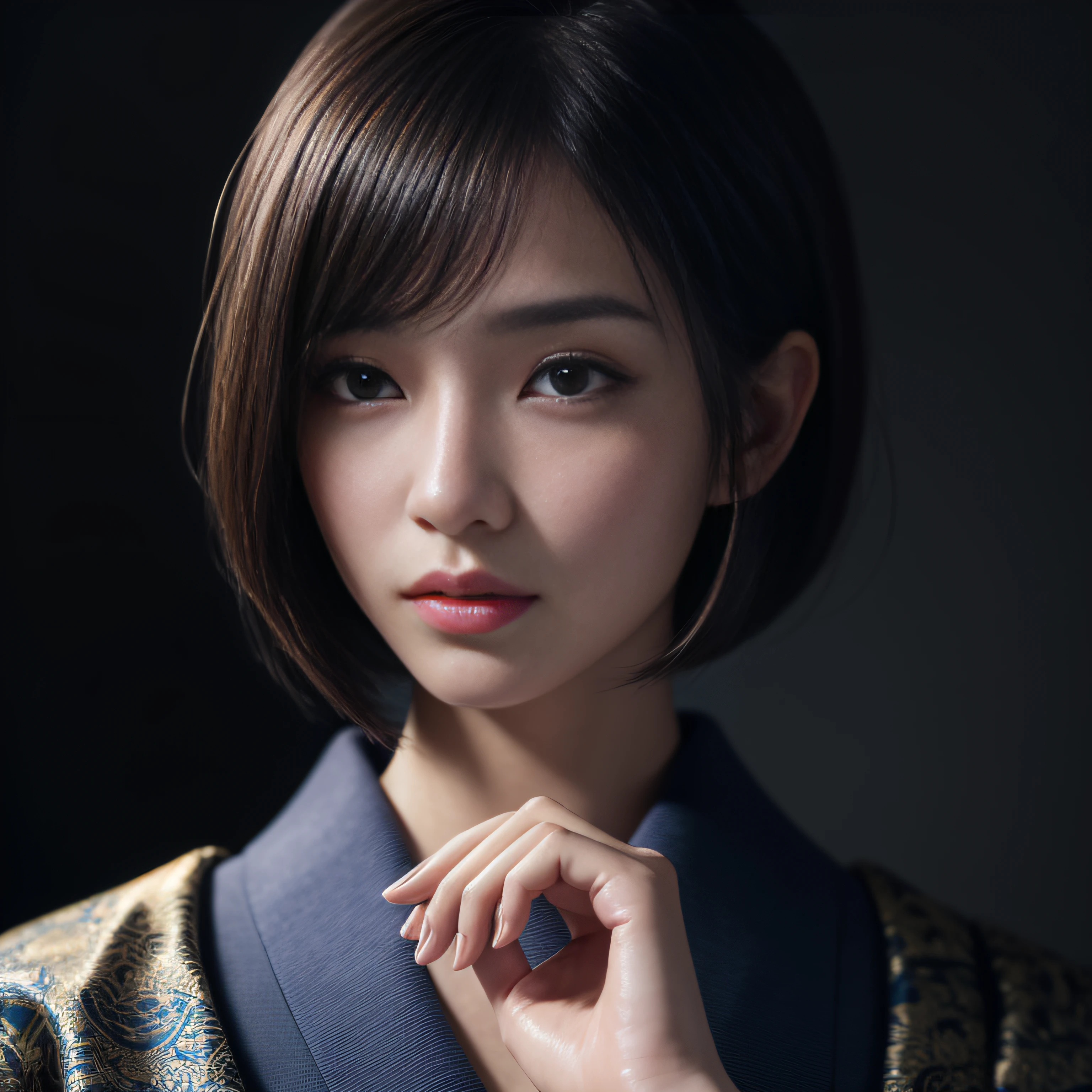 (best quality, masterpiece:1.2, highres, 8k),1girl, beautiful and perfect face, beautiful detailed eyes, beautiful detailed lips, (perfect anatomy, perfect hands), bob cut, japanese clothing, kimono, intricate details, very detailed, hdr, cinematic feel, ultra-fine painting ,ultra-detailed,sharp focus, vivid colors, physically-based rendering