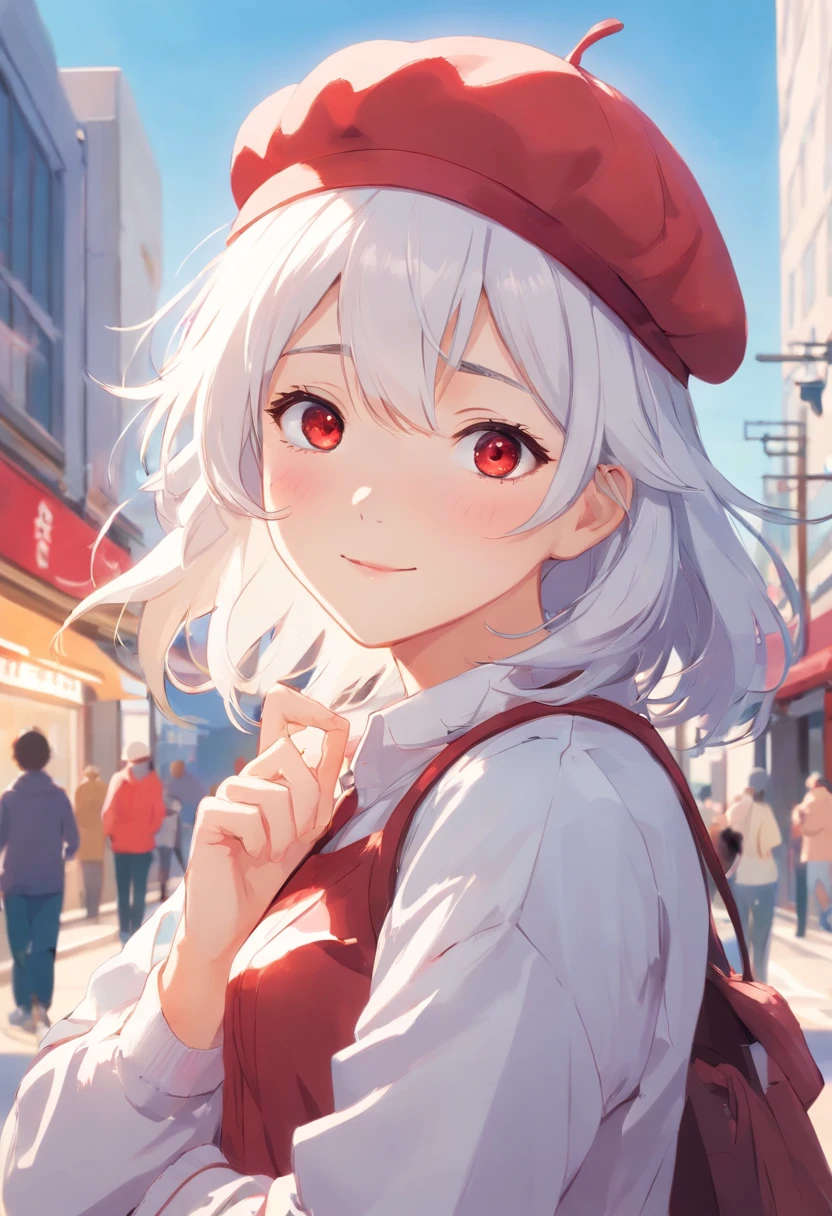 "Teenage girl, fair complexion, long and tousled white hair, red eyes, wearing a cute outfit and a beret on her head. She has a cheerful and friendly expression."