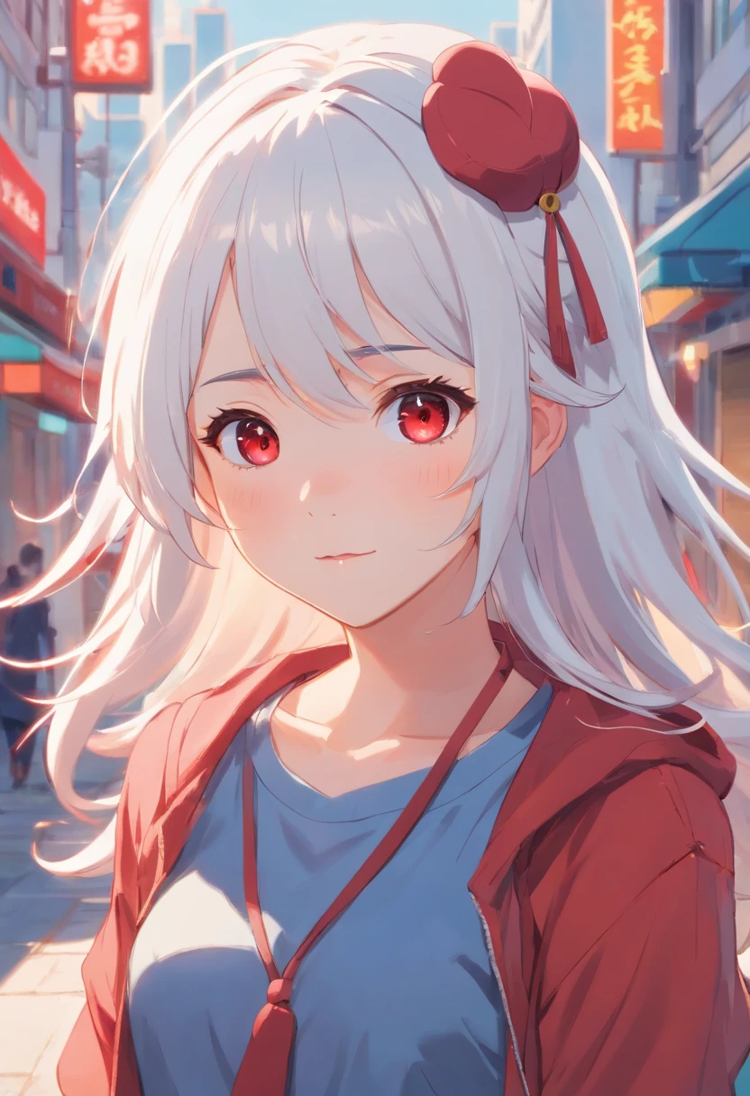"Teenage girl, fair complexion, long and tousled white hair, red eyes, wearing a cute outfit and a beret on her head. She has a cheerful and friendly expression."