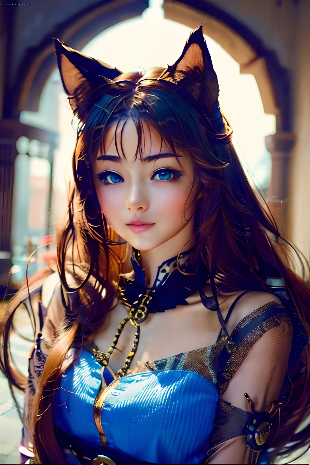 There is a woman with cat ears and dress, anime catgirl, portrait of Ahri, cat girl, beautiful anime catgirl, beautiful young cat girl, portrait of a steampunk catgirl, attractive cat girl, cat girl, nekomimi, anthro portrait, Ahri, cute anime catgirl, portrait of a gothic cat girl, girl with cat ears