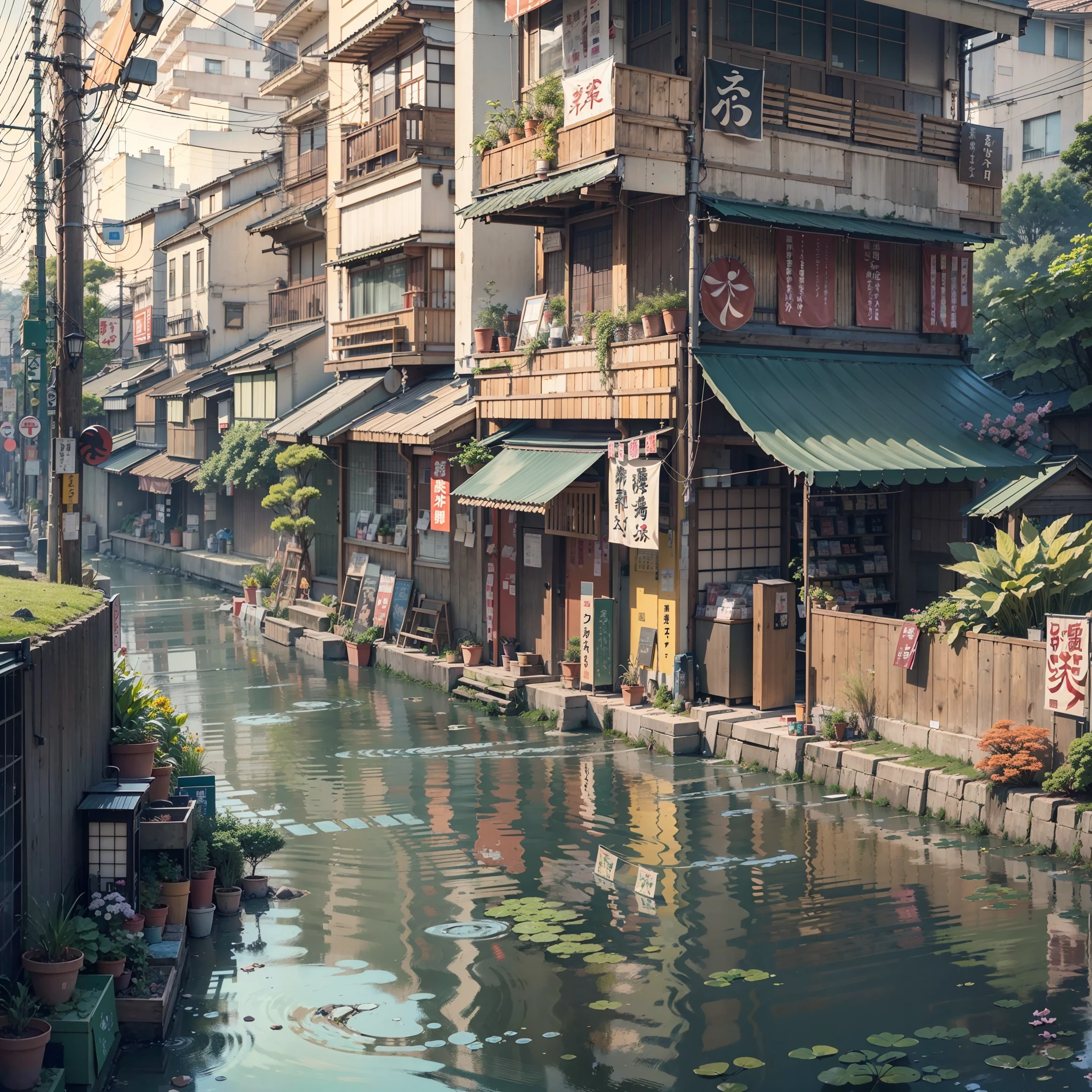 urban Japanese street next to stream of water, traditional Japanese lantern, (no one: 1), no one in sight, no people, best quality, anime, anime style, lofi, calm, row of building next to river, urban Japanese street next to stream of water, traditional Japanese lantern, (no one: 1), no one in sight, no people, best quality, anime, anime style, lofi, calm, row of buildings next to river, anime background, anime wallpaper, anime, anime style, lofi, lofi style, modern japanese street, modern japanese architecture, japanese convenience store, big retro japanese shop signs, retro japanese store, trees, plants, rocks, plant pots, shop signs, japanese banners, japanese signs, flags, empty street, no one in sight, (no one: 1), best quality, sun in sky, gloomy weather, dramatic weather, river inbetween buildings
