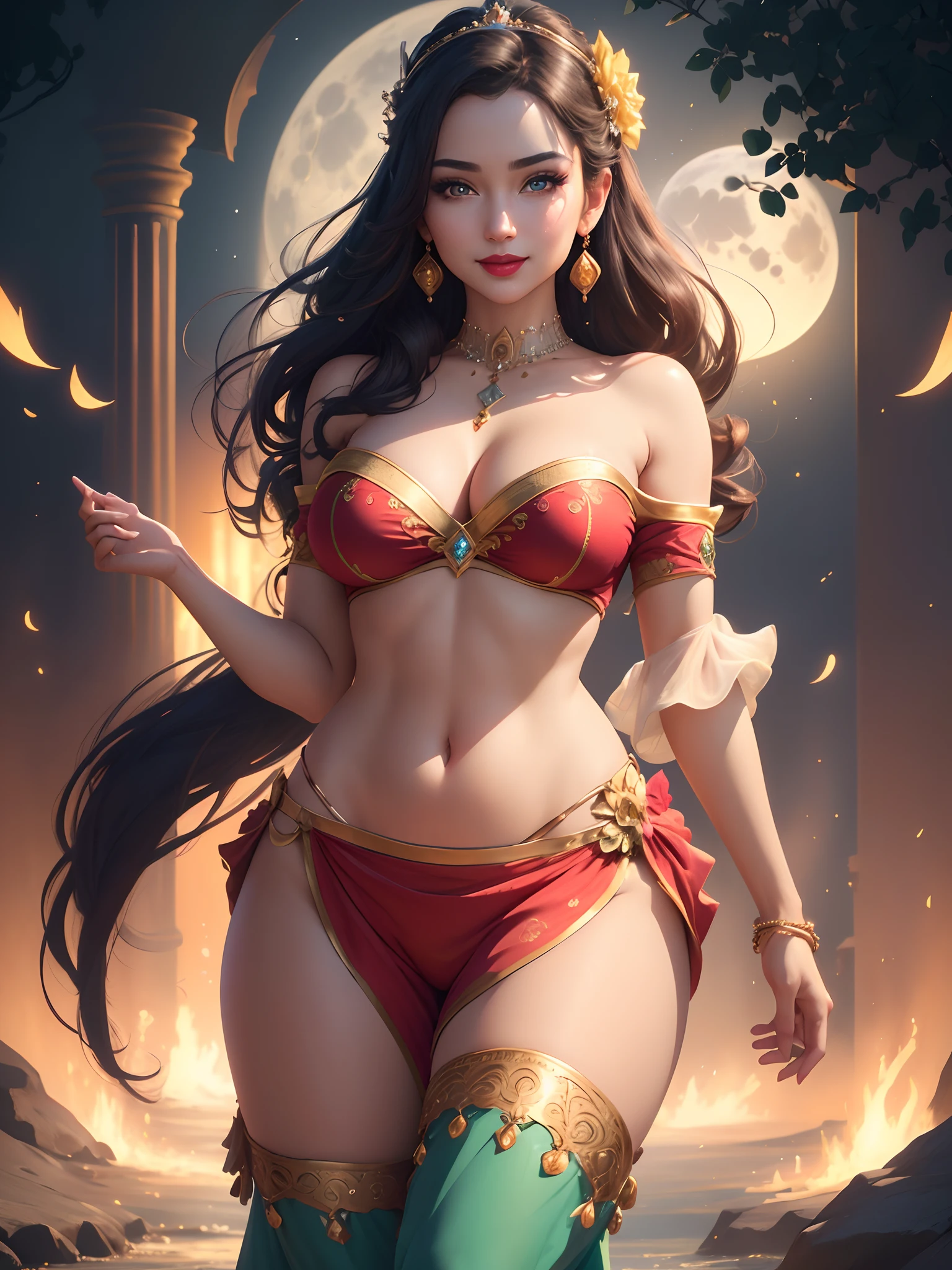 jasmine princess, Jasmine Disney princess, 1girl,beautiful face, big breasts, solo, looking at viewer, smile,red lips, sexy body, shirt, bare shoulders, jewelry, standing, full body, flower, earrings, pants, off shoulder, crop top, makeup, bird, border, moon, full moon, off-shoulder shirt (realistic:1.2), (realism), (masterpiece:1.2), (best quality), (ultra detailed), (8k, 4k, intricate),(full-body-shot:1), (85mm),light particles, lighting, (highly detailed:1.2),(detailed face:1.2), (gradients), sfw, colorful,(detailed eyes:1.2)(detailed background),detailed landscape, (dynamic angle:1.2), (dynamic pose:1.2), (rule of third_composition:1.3), (Line of action:1.2)