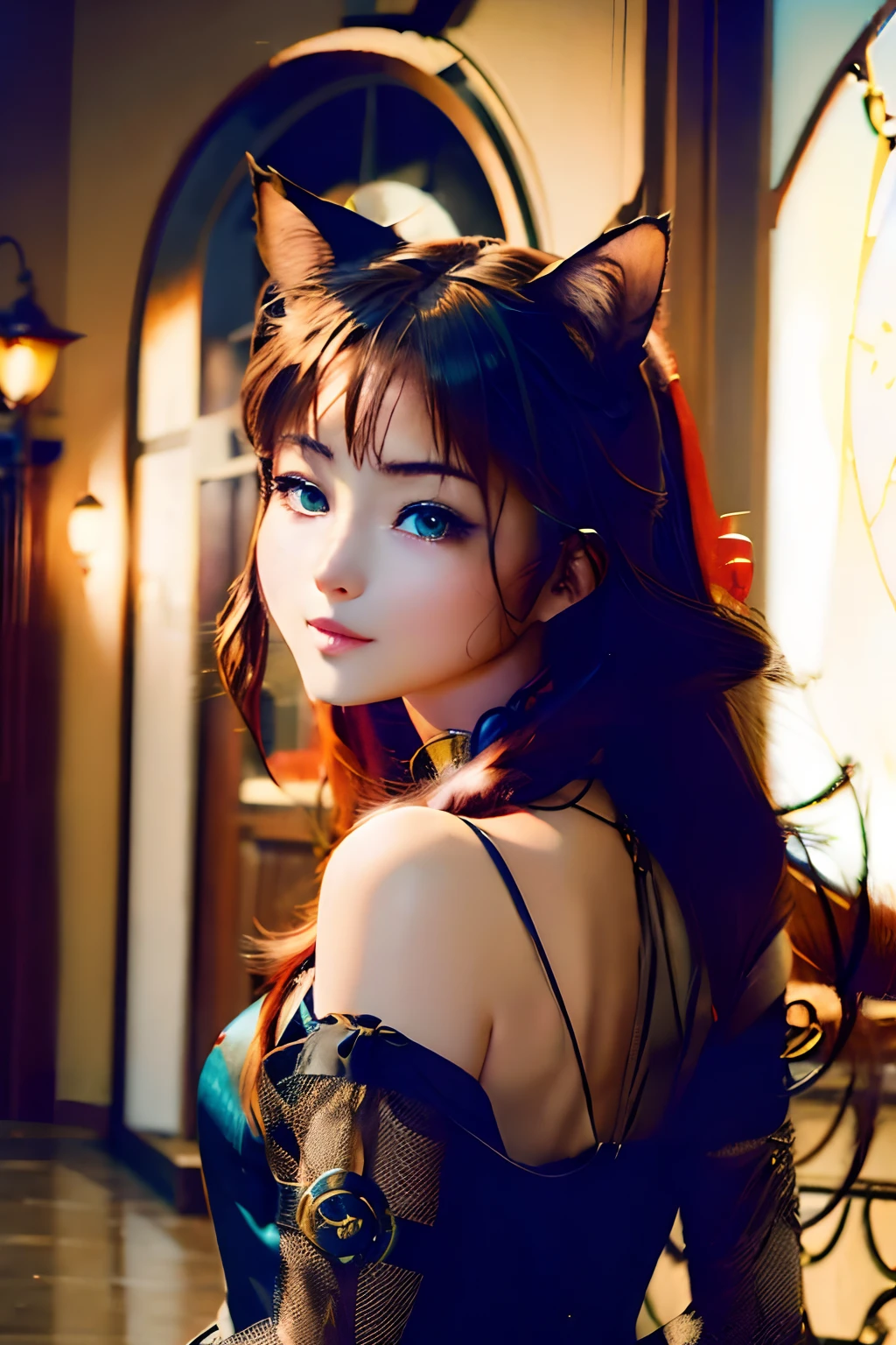 There is a woman with cat ears and dress, anime catgirl, portrait of Ahri, cat girl, beautiful anime catgirl, beautiful young cat girl, portrait of a steampunk catgirl, attractive cat girl, cat girl, nekomimi, anthro portrait, Ahri, cute anime catgirl, portrait of a gothic cat girl, girl with cat ears