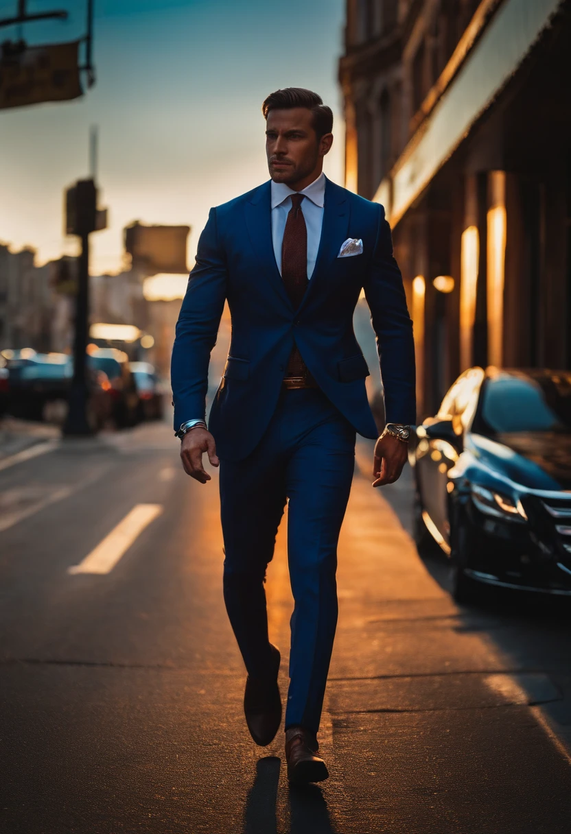 men, muscular, masculine, Walking down the street in the sunset, wearing suit