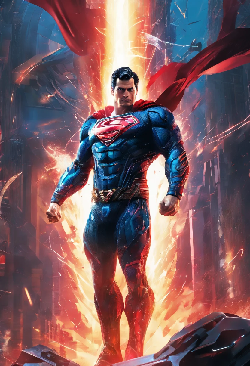 Superman Henry Cavill wearing a cyber suit that enhances his powers and protects him from kryptonite. The suit is blue and red, with a silver S logo on the chest. The suit has a collar that emits a force field around Superman’s neck, preventing him from being choked. The suit also has a jetpack that allows him to fly faster and a laser cannon that can fire beams from his arm, CGI with clear focus, Photorealistic, high detail, Realistic, Masterpiece, absurdress, Best Quality, HDR, hiquality, hight resolution, Extremely detailed, 8k wallpaper, intricate details, 8K UHD, Full-HD, (foto realista:1.2), Contrast, sharp lighting, Cinematic lighting, natural lighting, hard light, Backlighting, Global Illumination, Environment Occlusion
