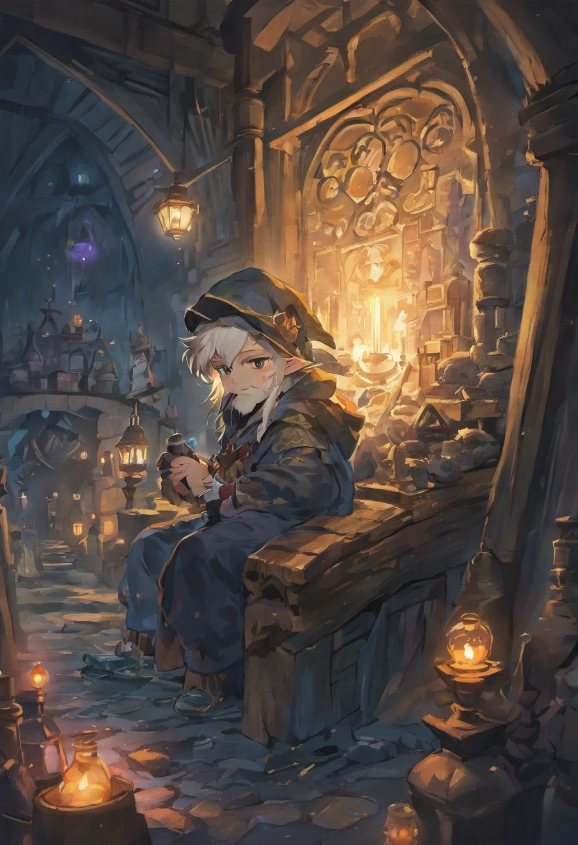 Create a visual representation of a dark gnome who is secretly a skilled craftsman of magical objects, highlighting his iconic white hat in a mysterious and dark scene, cor dos olhos escuras, fundo escuro,