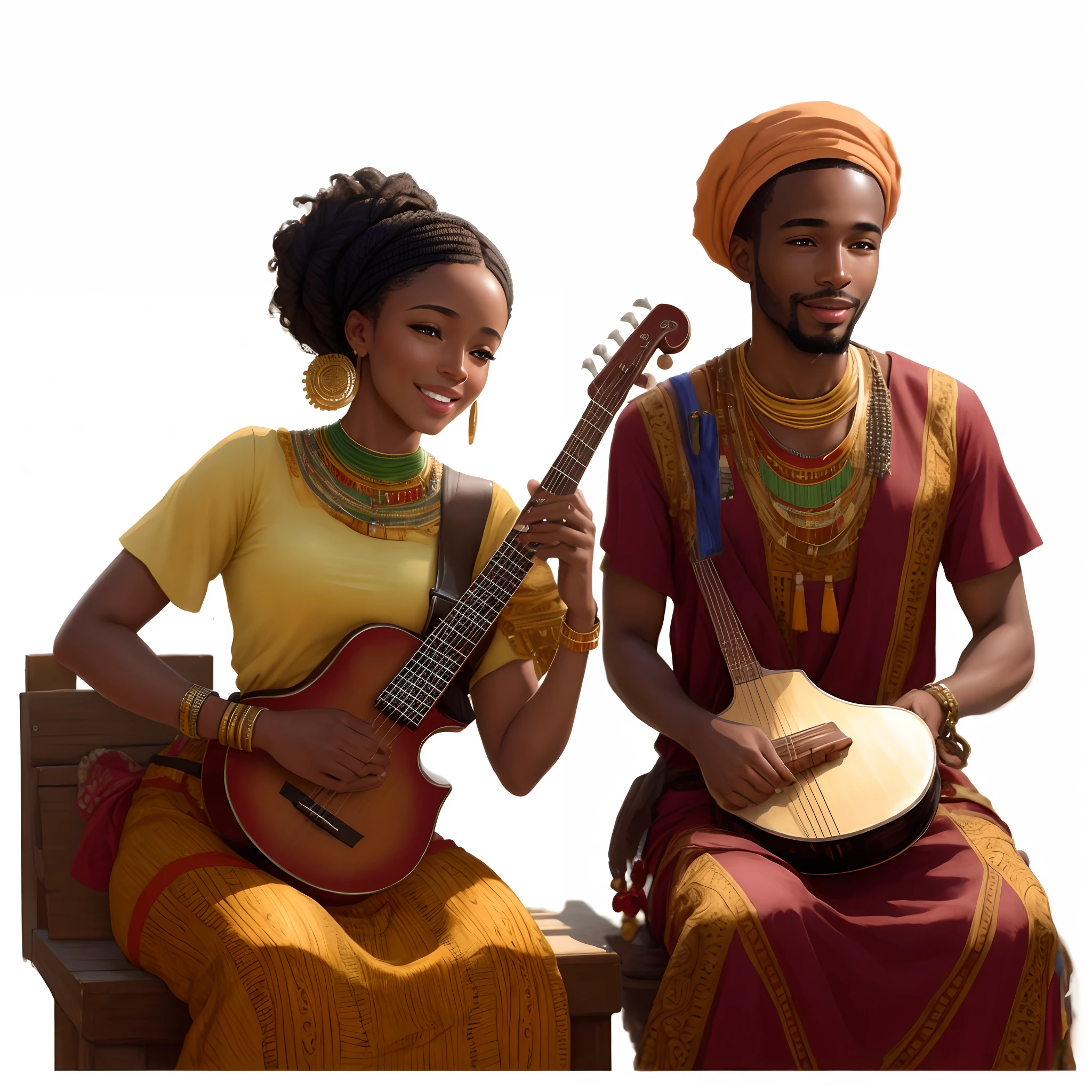 Masterpiece, best quality, very detailed beautiful faces, very detailed hands and fingers, one african woman and one african man play african music instruments, they smile very happy