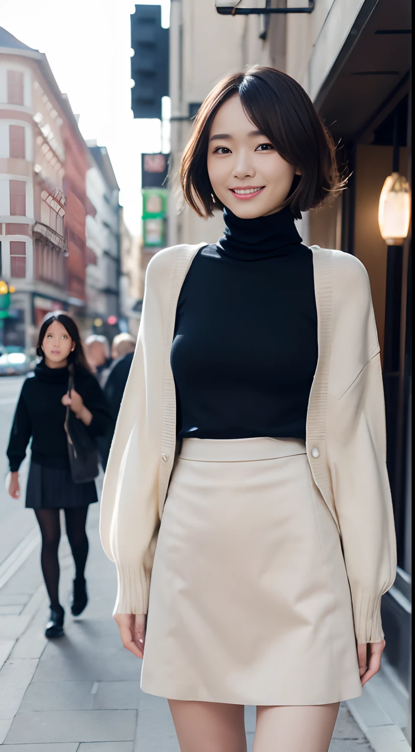 (gakki),(Stand in front of the café:1.4),Best Quality, 1girll, (skin indentation), (Slender models:1.2), (blur backgroun:0.6), (Street:1.2), (People, Crowd of:1), Sonoko, day, plein air, (Casual Fashion, elegant fabric, Turtleneck knitwear,skirt by the:1.5), Gorgeous, (Random hairstyle:1.2), (Floating hair:1.2), (Dynamic Pose:1.2), Soft lighting, Wind, (Front light:1.5), makeup,(Natural smile:1.2),cowboy shot