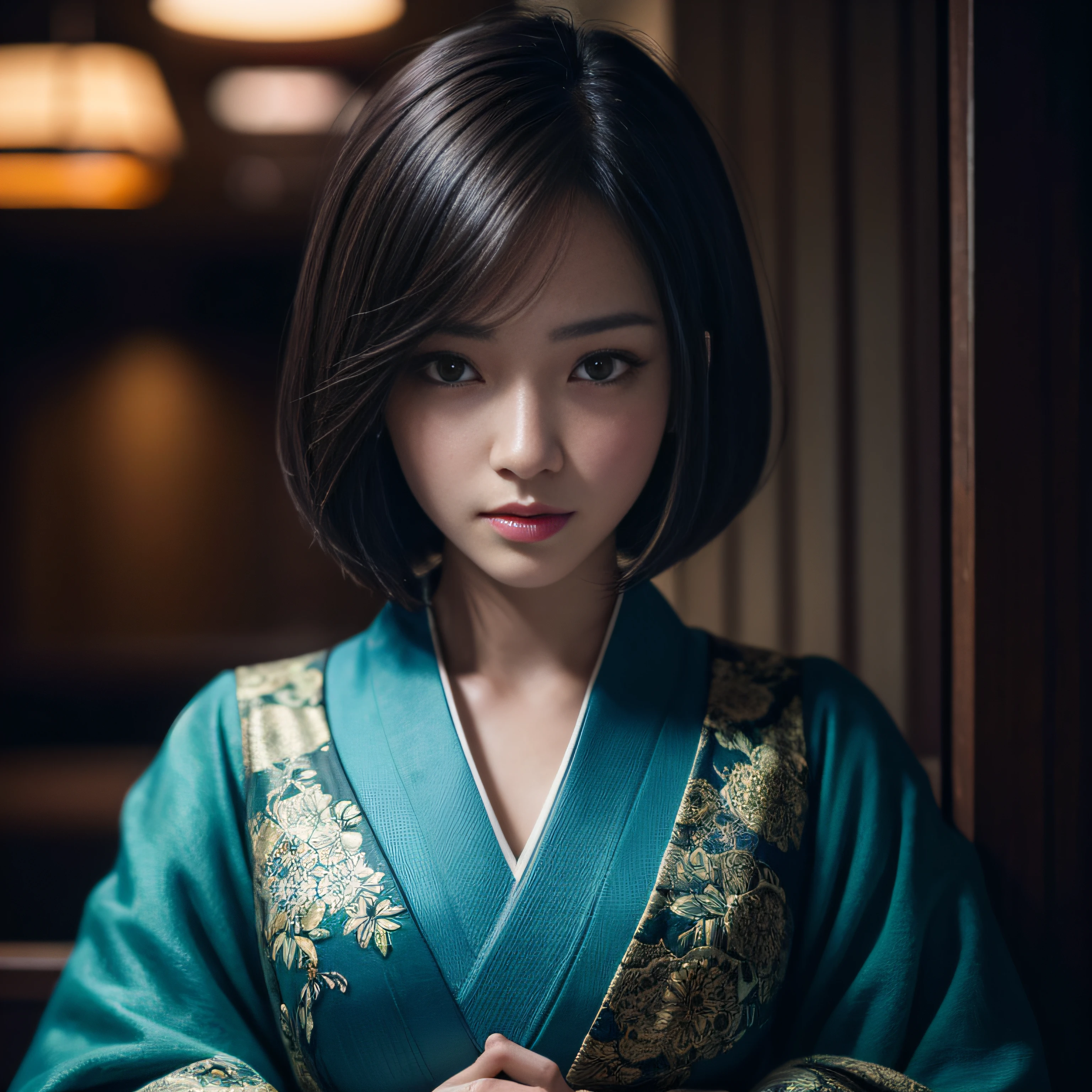 (best quality, masterpiece:1.2, highres, 8k),1girl, ((half body)), beautiful and perfect face, beautiful detailed eyes, beautiful detailed lips, (perfect anatomy, perfect hands), bob cut, japanese clothing, kimono, intricate details, very detailed, hdr, cinematic feel, ultra-fine painting ,ultra-detailed,sharp focus, vivid colors, physically-based rendering