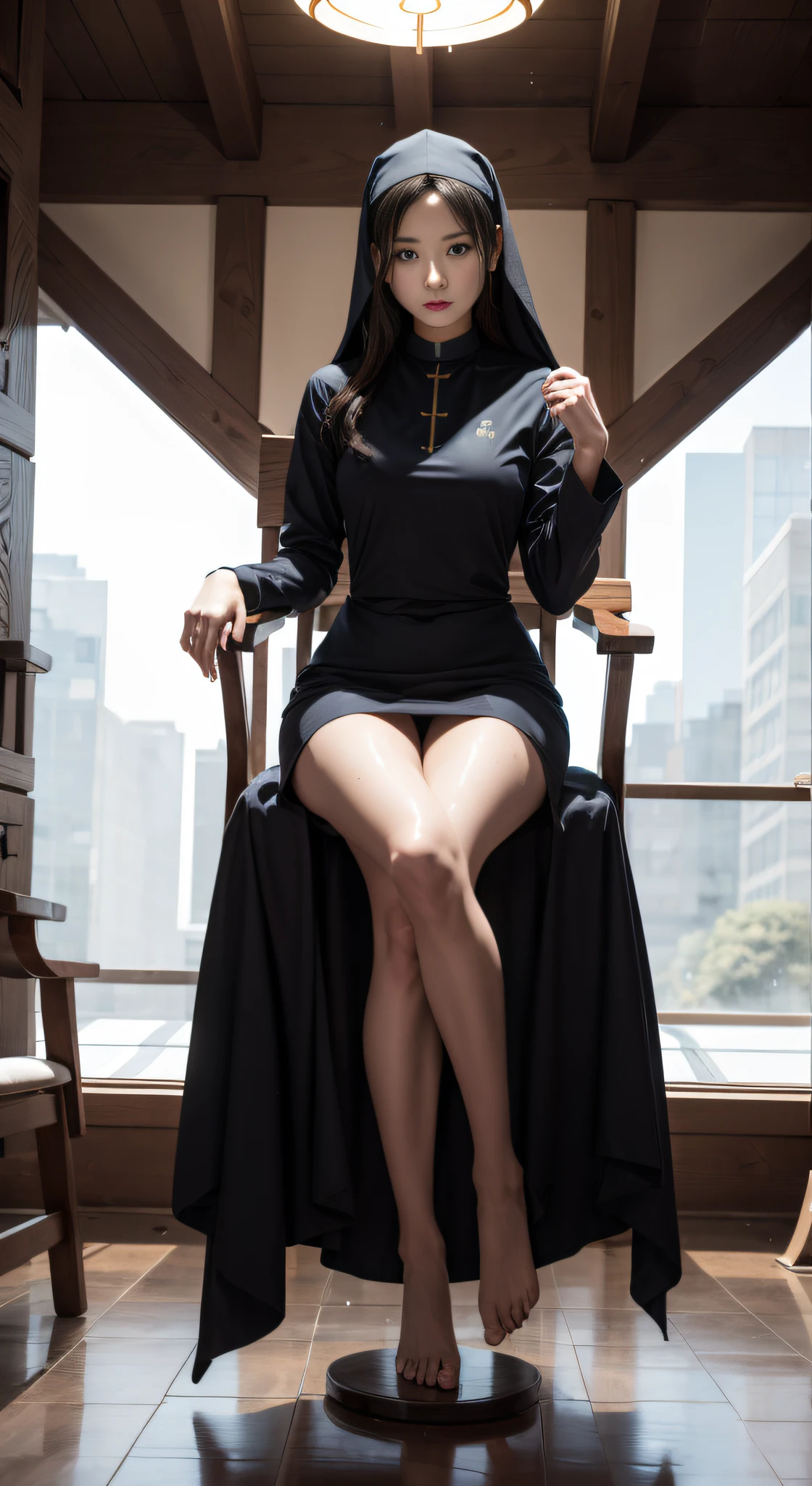 Clothes and skin are soaked all over,(wetclothes:1.9)(((In church,The Arad woman sat in a chair,Wearing a nun gown and a nun hat, sitting on her throne, massive legs towering over you, royal elegant pose, )),((Clothing that exposes))Clothes and skin are soaked all over,Glowing skin,Sweaty skin,Works of masters,Best image quality,Higher quality,high detal,超高分辨率,8K分辨率,perfect hand,full body shot shot,Exquisite facial features,s the perfect face,(真实感:1.4),