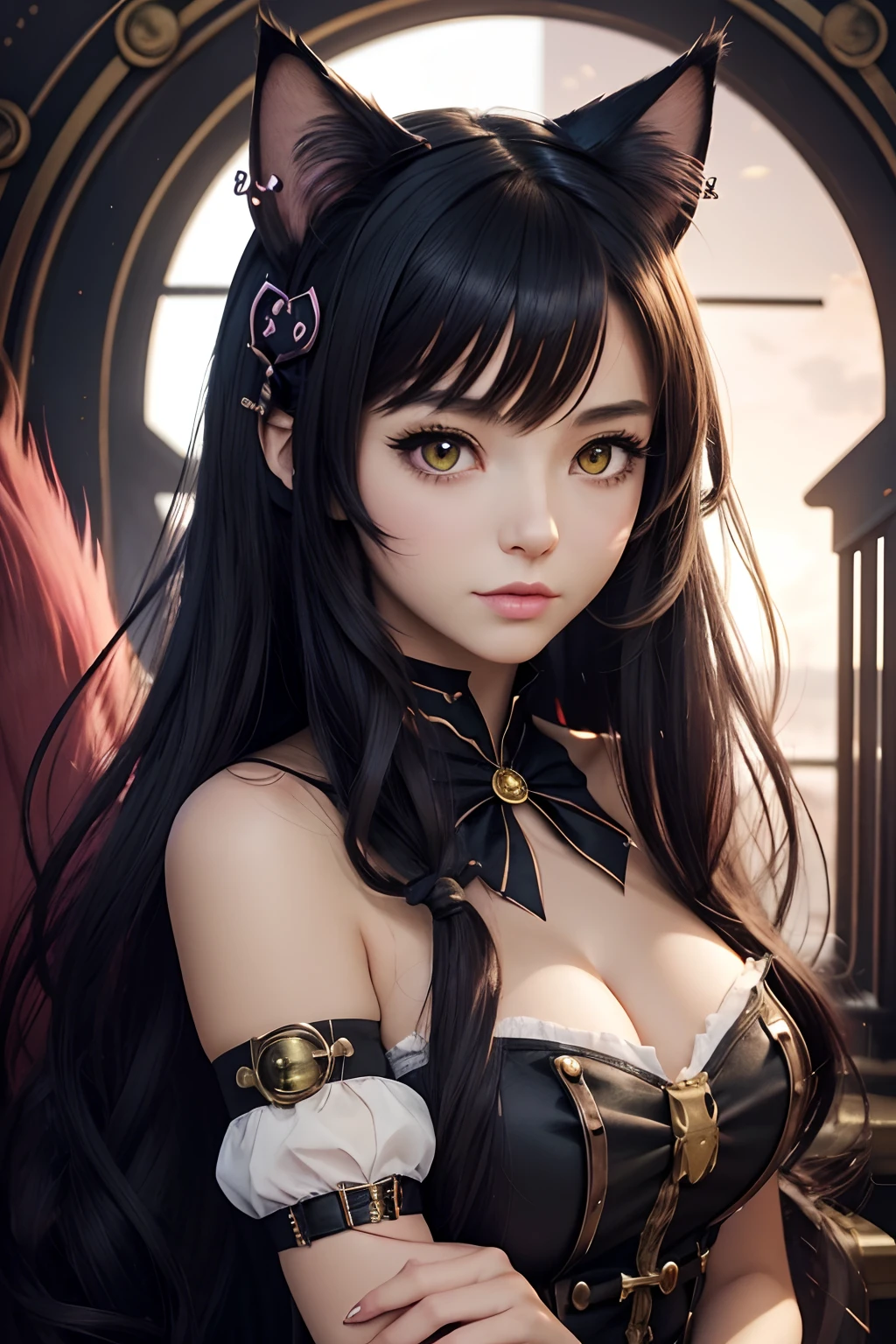 There is a woman with cat ears and dress, anime catgirl, portrait of Ahri, cat girl, beautiful anime catgirl, beautiful young cat girl, portrait of a steampunk catgirl, attractive cat girl, cat girl, nekomimi, anthro portrait, Ahri, cute anime catgirl, portrait of a gothic cat girl, girl with cat ears
