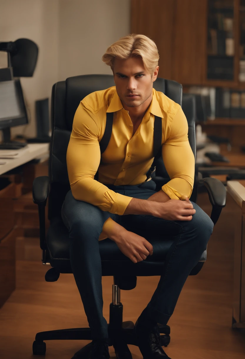 Mann, Serious appearance, blond, Strong body, Sitting on office chair, look sad