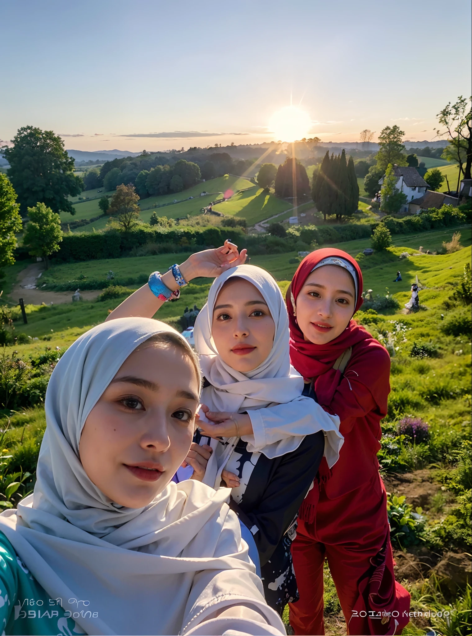 three women in hijabs pose for a picture in a field, beautiful girls, in garden, in the countryside, in a field, a picture, happy friend, selfie photography, selfie, beautiful women, scenary, selfie photo, in a scenic background, potrait, old picture, hijab, selfie shot straight on angle, with trees, three women, picture