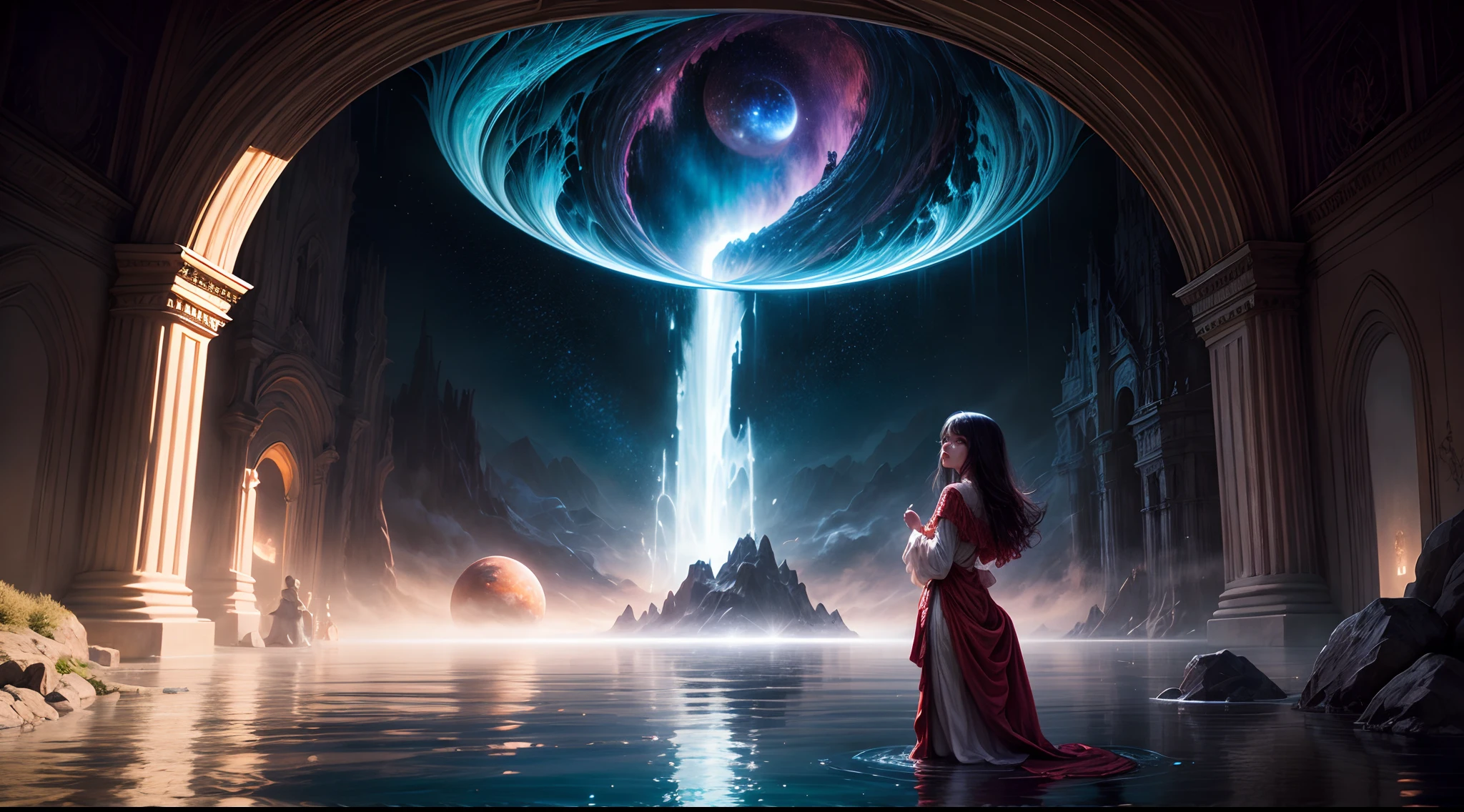 Painting: An enchanting artwork portraying a girl wearing silk, standing at the edge of a mystical pool, surrounded by swirling enchantments, with the distant planet casting an ethereal light upon her.
