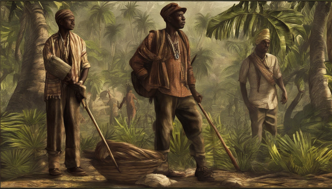 Digital illustration in the 1920's, detailed and intricate, of a dense jungle filled with exotic plants and Three African Men, the sunlight filtering through the canopy creating a dappled effect. , masterpiece, proportional, detailed, beautiful lighting, realistic, intricate, award winning, 4k, highest quality Award-winning, 4K digital painting. Detailed and intricate depiction of 3, 1920's AFRICAN MEN (1920's attire, tired, very detailed 1920's clothing and landscape texture, detailed 1920's backpacks, black skin, rolled up pants legs, 1920's old shoes, shoes worn), far view camera