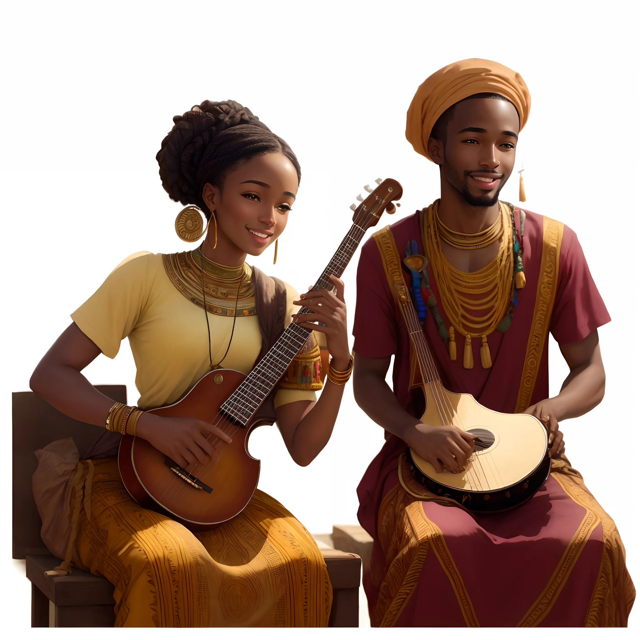 Masterpiece, best quality, very detailed beautiful faces, very detailed hands and fingers, one african woman and one african man play african music instruments, they smile very happy