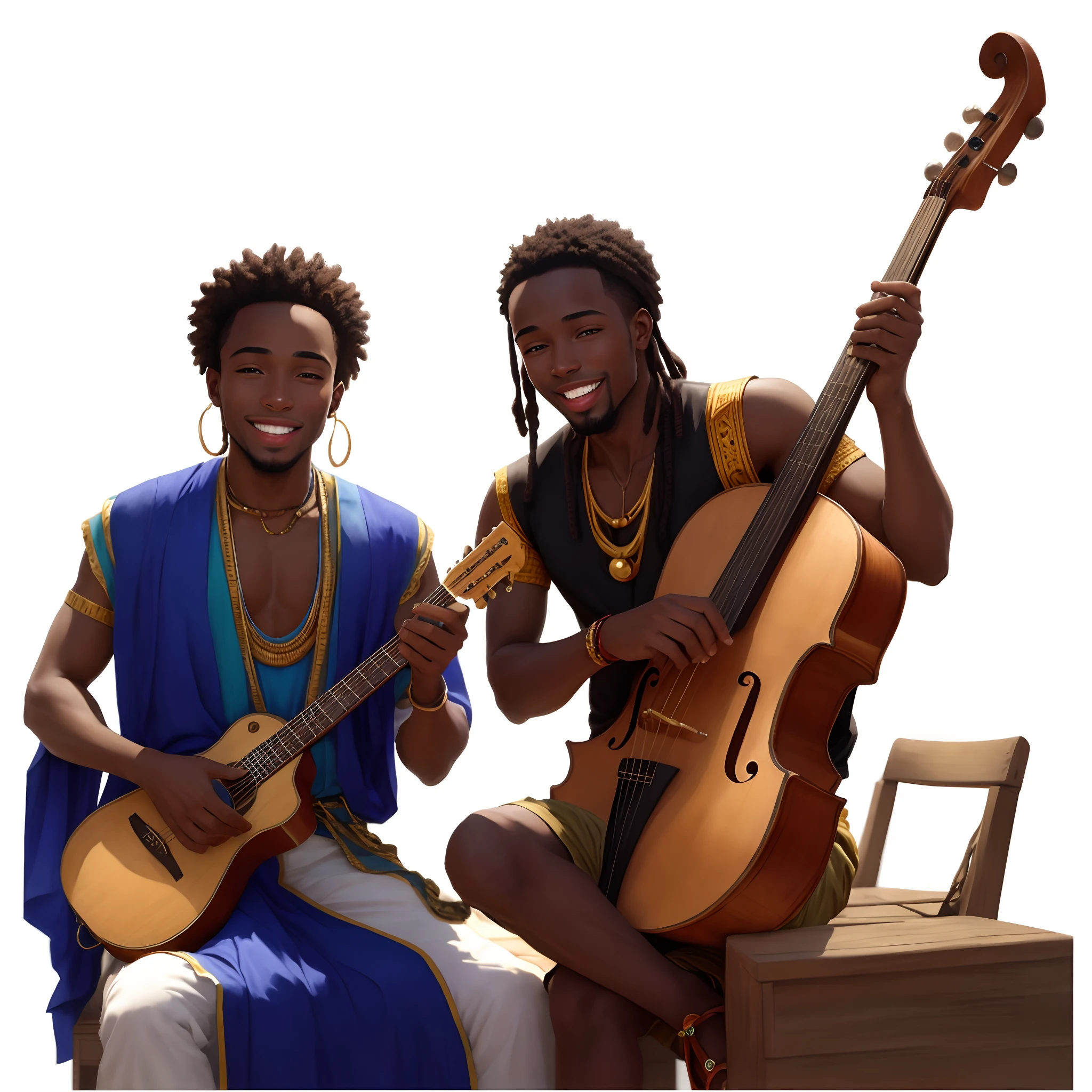 Masterpiece, best quality, very detailed beautiful faces, very detailed hands and fingers, two african men play african music instruments, they smile very happy