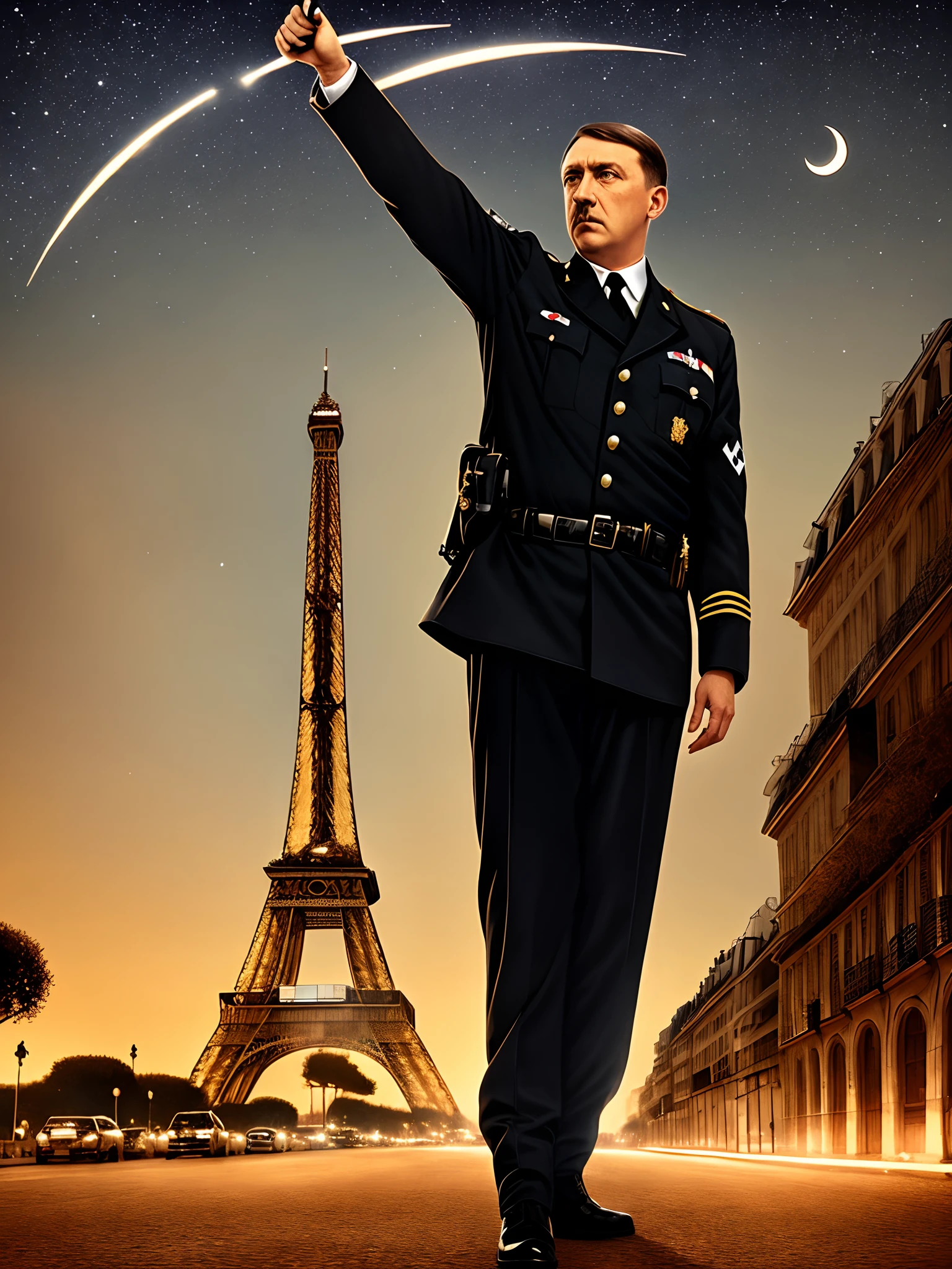 adolf hitler God emperor of mankind, masterpiece, highest quality, Hitler (solo focus), (perfect face:1.1), (high detail:1.1),dramatic, 1guy, (pale skin), black hair, Adolf, blue eyes, square toothbrush mustache, solo, Adolf Hitler, toothbrush mustache, arm to the sky, arm up straight out, swastika, crescent moon, night, officer suit, arm to the sky, Hitler covered in metals, square toothbrush mustache, black and gold suit, paris city, eifel tower, detailed background, gothic renaissance, cinematic lighting, arm straight out