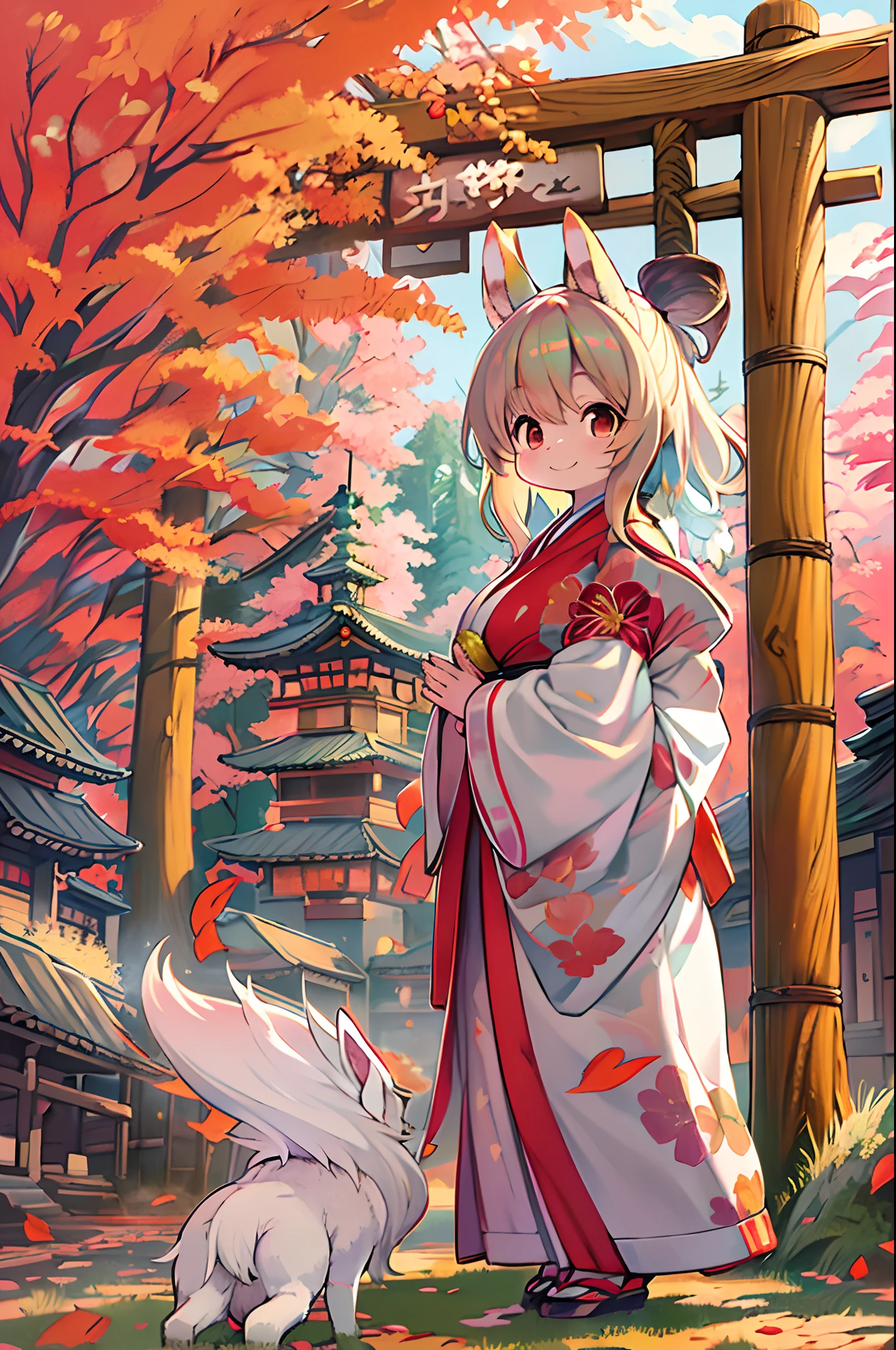 Fox Woman、body covered with fur、huge-breasted、kawaii、shrine maiden、Japan white clothes,Red Hakama、torii gate,((High Position))、A big smile、bbw、thick thight、big butts、Ultramammy,Chibi,Nanachi、Beautiful shrine scenery, autumn day,kaede、 Pines, Anime Background Art, japanese art style, beautiful anime scene, detailed scenery - width 672, Background art, Anime landscapes, Anime Background, Beautiful anime scenery, Beautiful peace scenes in anime, landscape artwork, Japan Village, Anime landscape concept art, 8K))、a lot of fallen leaves、Bamboo Bowl
