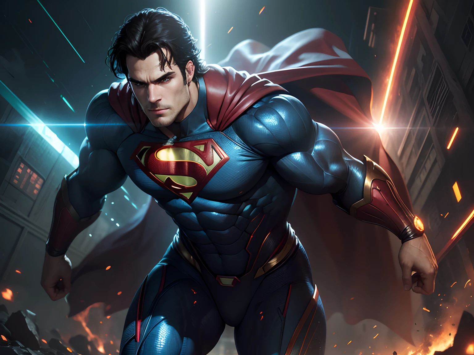 Superman Henry Cavill wearing a cyber suit that enhances his powers and protects him from kryptonite. The suit is blue and red, with a silver S logo on the chest. The suit has a collar that emits a force field around Superman’s neck, preventing him from being choked. The suit also has a jetpack that allows him to fly faster and a laser cannon that can fire beams from his arm, CGI with clear focus, Photorealistic, high detail, Realistic, Masterpiece, absurdress, Best Quality, HDR, hiquality, hight resolution, Extremely detailed, 8k wallpaper, intricate details, 8K UHD, Full-HD, (foto realista:1.2), Contrast, sharp lighting, Cinematic lighting, natural lighting, hard light, Backlighting, Global Illumination, Environment Occlusion, full body shot