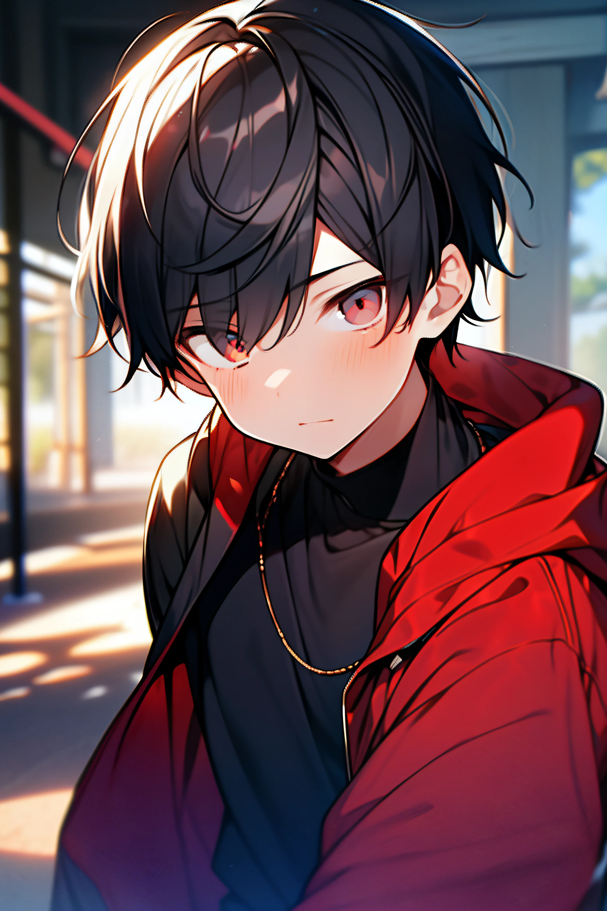 younge boy,1male people,Shota,Short black hair,red color eyes,Depicts delicate eyes,Exquisite facial features,short- sleeved,extreme hight detail,Delicate depiction,parks,rays of sunshine,Sunnyday,Depth of field effect,The upper part of the body。