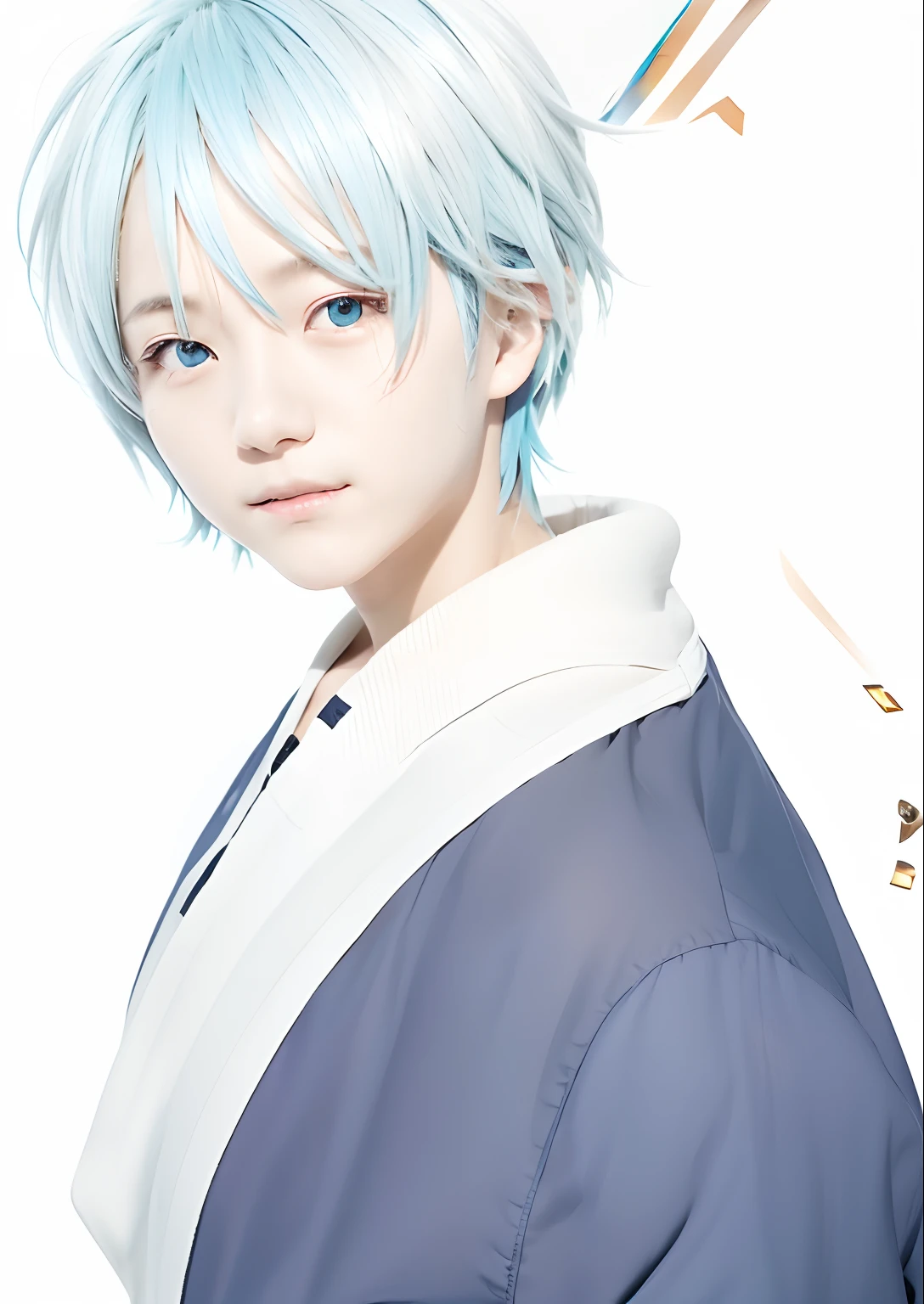 1 boy, Mitsuki, faded light blue hair, yellow eyes, blue clothes, realistic, ultra detail, 70mm lens