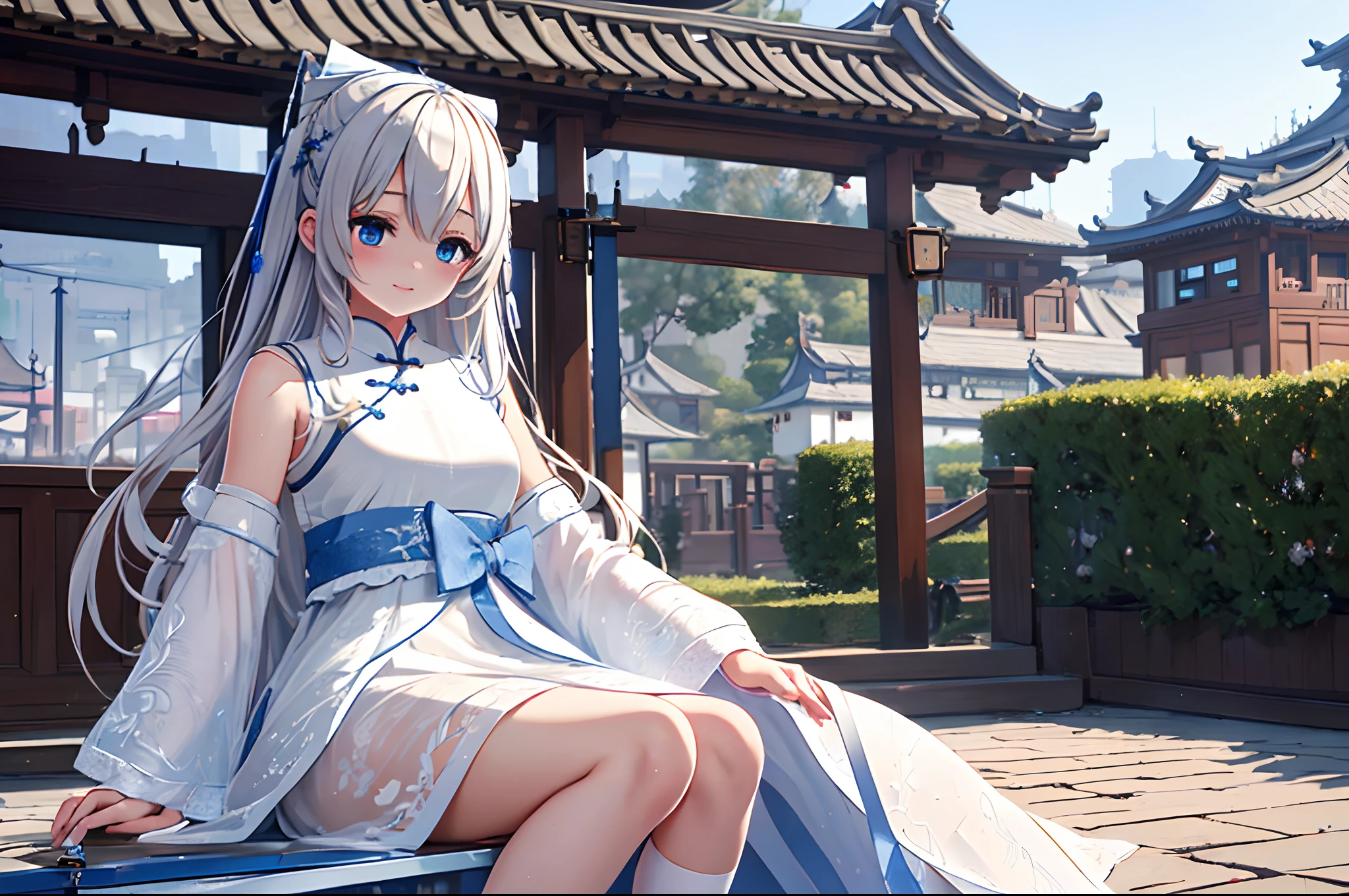 ((Best quality)), ((Masterpiece)), ((Ultra-detailed)), (illustration), (Detailed light), (An extremely delicate and beautiful),A charming young girl,long white hair,Blue sky,(Chinese Garden),(Sword dance)