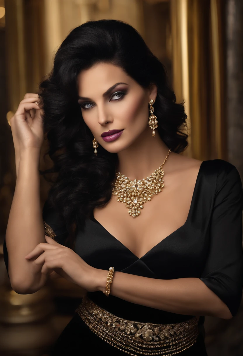 "MILF woman, tousled black hair, who is a queen of a country, violet eyes, fair, pearlescent skin, wearing an elegant and luxurious black dress that accentuates her beauty. Place her at a high-class party, entering while descending a staircase to reach the hall. She wears gold accessories such as earrings, necklaces, and bracelets. Her expression is one of security and confidence, while also displaying humility and kindness."