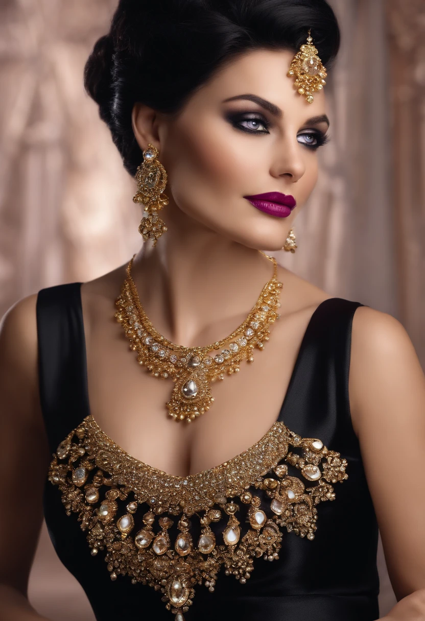 "MILF woman, tousled black hair, who is a queen of a country, violet eyes, fair, pearlescent skin, wearing an elegant and luxurious black dress that accentuates her beauty. Place her at a high-class party, entering while descending a staircase to reach the hall. She wears gold accessories such as earrings, necklaces, and bracelets. Her expression is one of security and confidence, while also displaying humility and kindness."