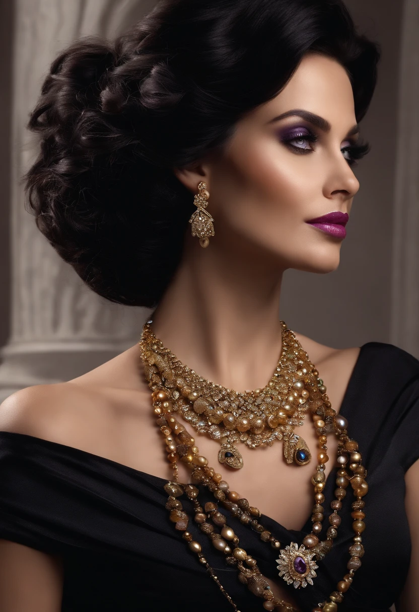 "MILF woman, tousled black hair, who is a queen of a country, violet eyes, fair, pearlescent skin, wearing an elegant and luxurious black dress that accentuates her beauty. Place her at a high-class party, entering while descending a staircase to reach the hall. She wears gold accessories such as earrings, necklaces, and bracelets. Her expression is one of security and confidence, while also displaying humility and kindness."