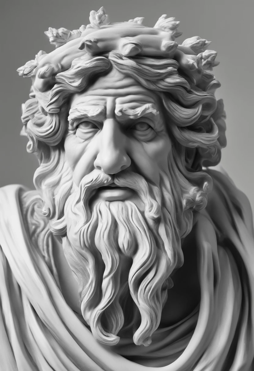 sculpture, ceramics, greek, stoic, gods, old man, angry face, black background, black and white, realistic 8K, UHD, HD