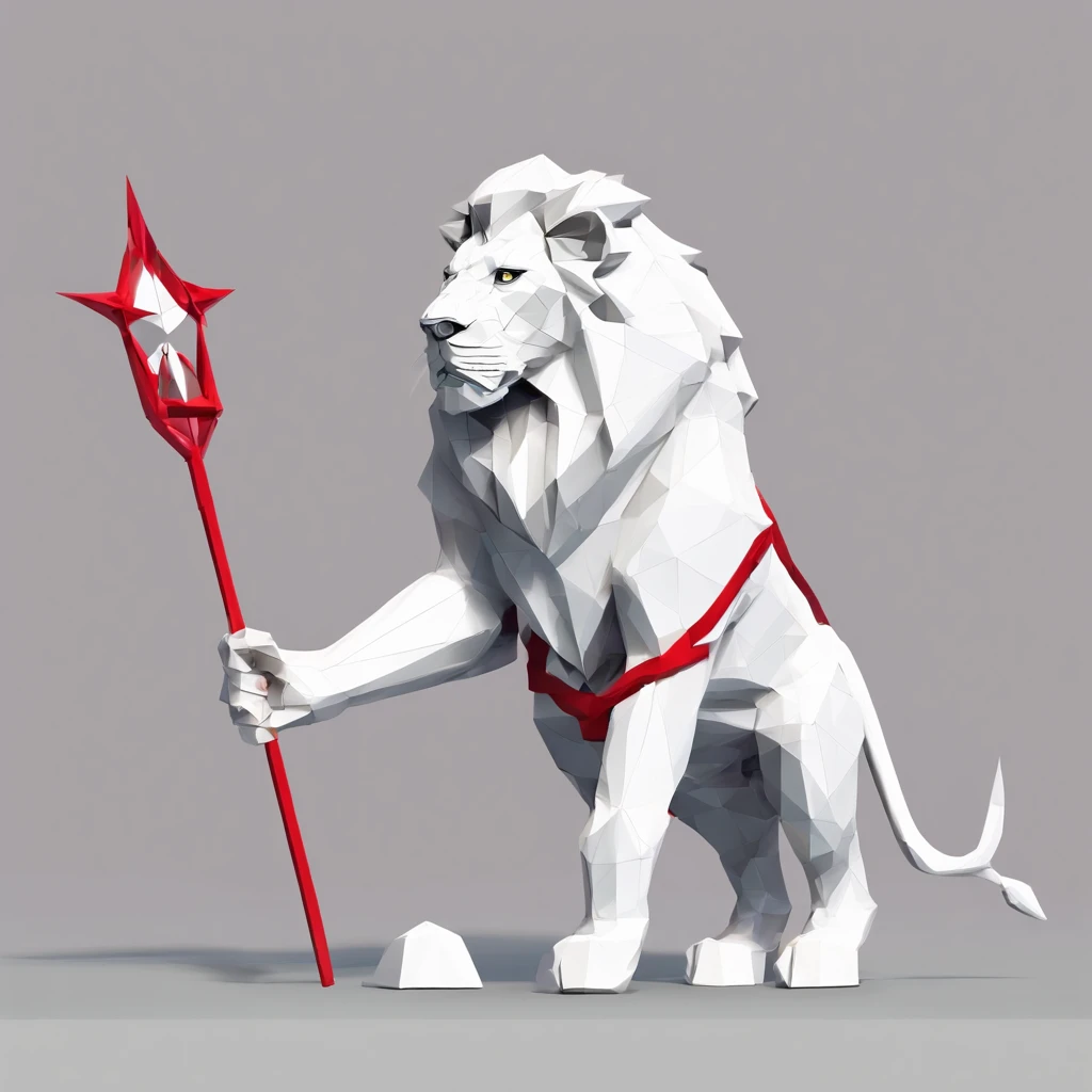 Perfect alignment , anthropomorphic lion wearing red robe , sandals , holding staff , dark mane , red goggles , white background
