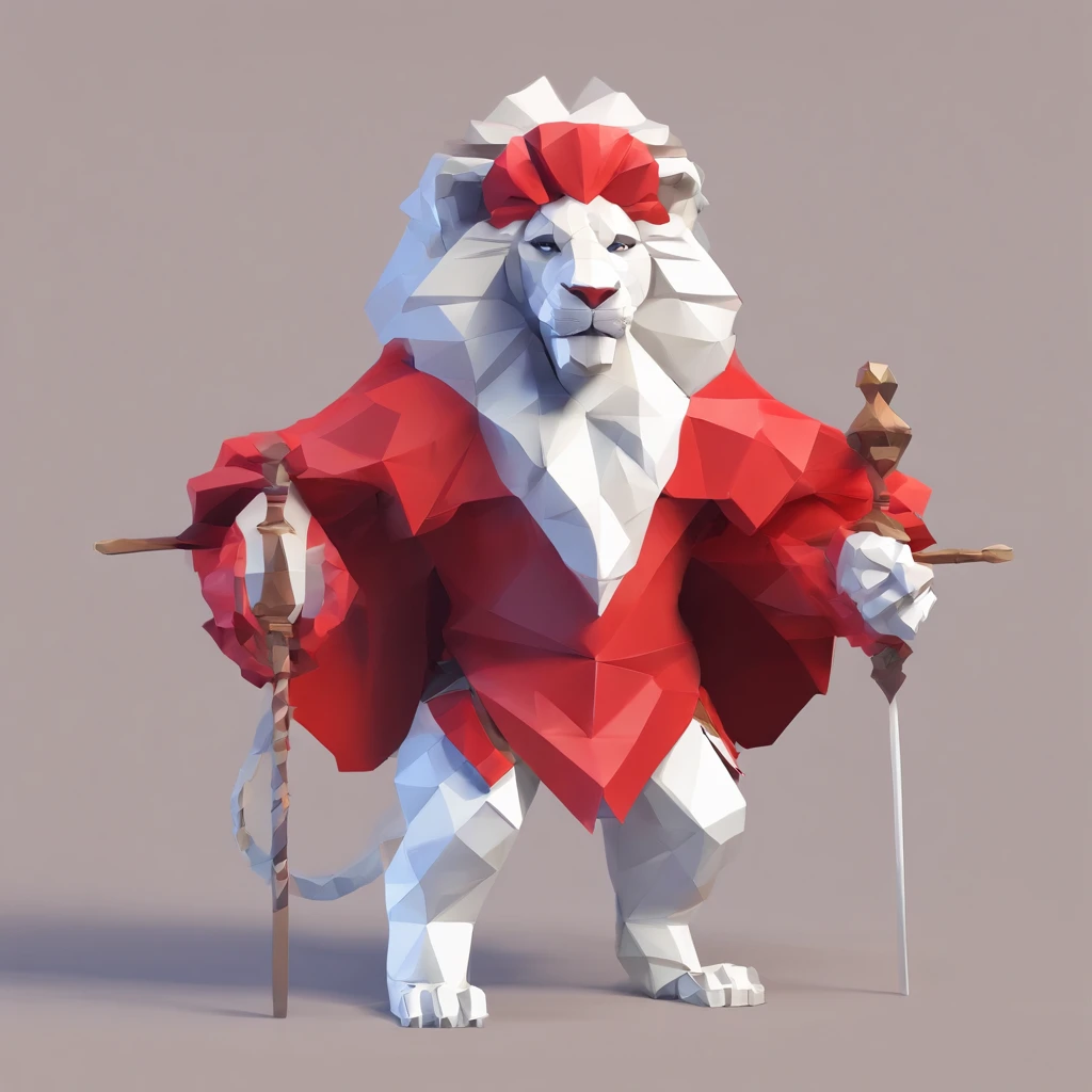 Perfect alignment , anthropomorphic lion wearing red robe , sandals , holding staff , dark mane , red goggles , white background