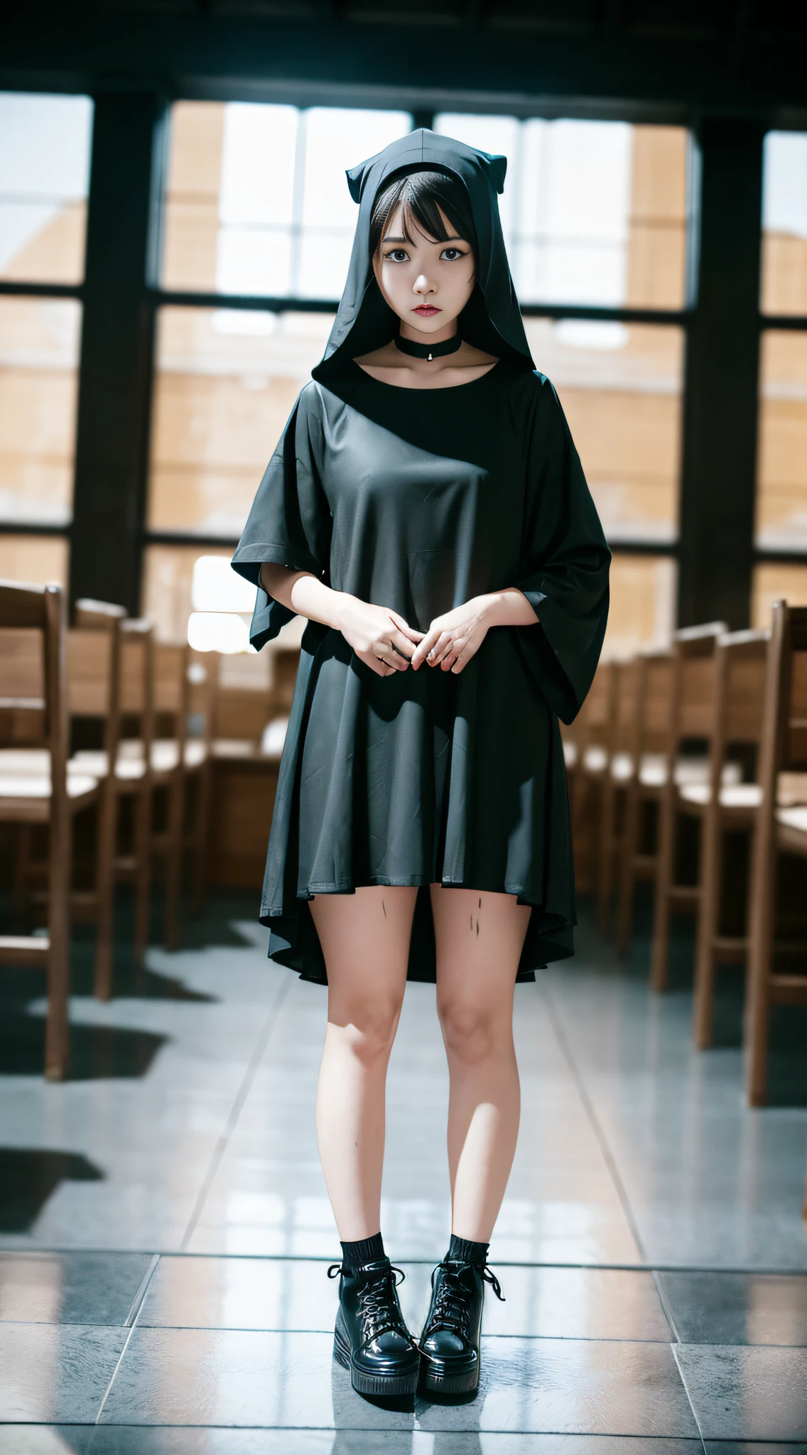 Clothes and skin are soaked all over,(wetclothes:1.9)(((Nuns wearing nun short gowns and nun hats and high-top black leather shoes in church))),((Clothing that exposes))Clothes and skin are soaked all over,Glowing skin,Sweaty skin,Works of masters,Best image quality,Higher quality,high detal,超高分辨率,8K分辨率,perfect hand,full body shot shot,Exquisite facial features,s the perfect face,(真实感:1.4),fully body photo,The Tyndall effect beam hits people,