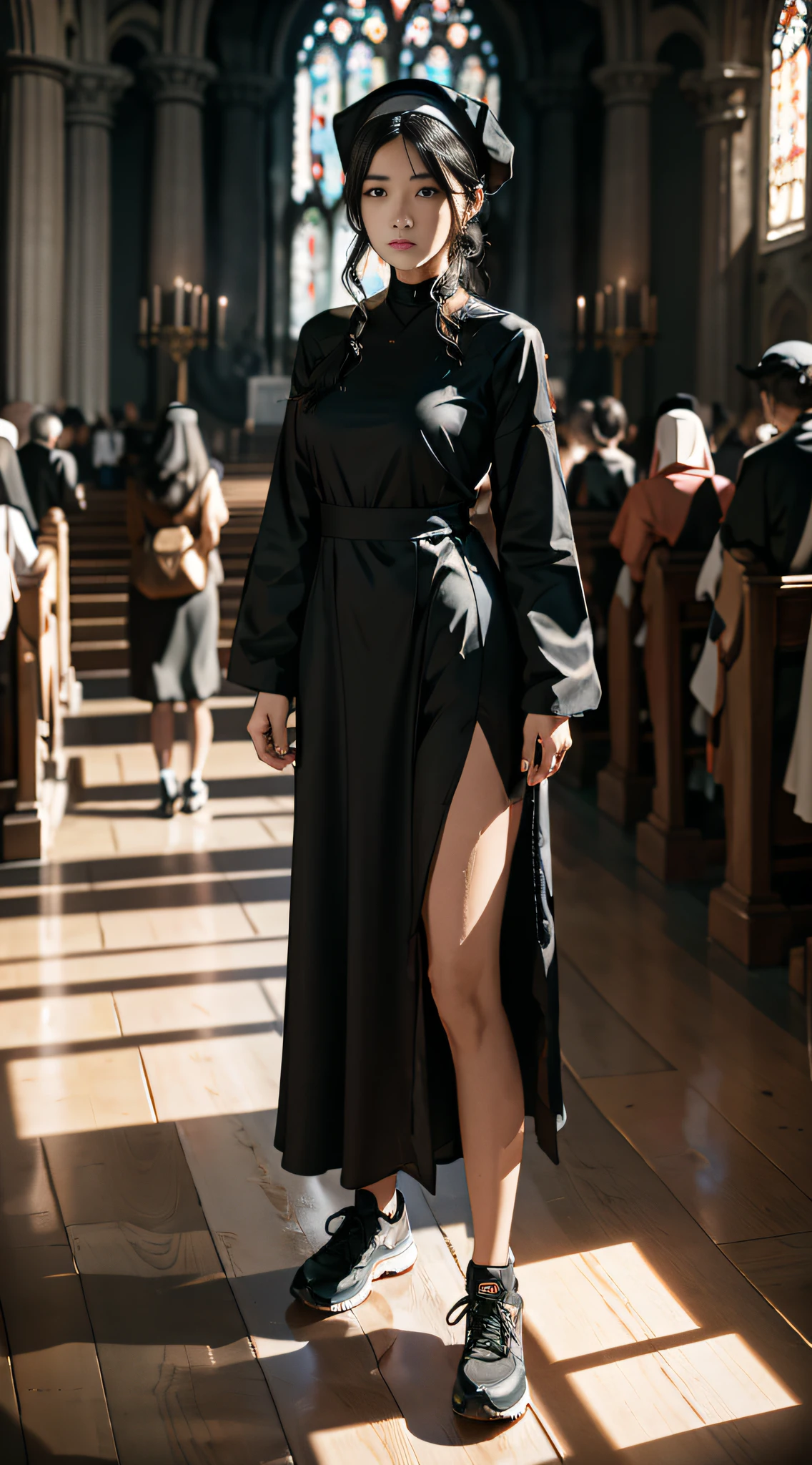 Clothes and skin are soaked all over,(wetclothes:1.9)(((The nuns in the church wore the nuns' short gowns and nun hats and high-top black shoes))),((Clothing that exposes))Clothes and skin are soaked all over,Glowing skin,Sweaty skin,Works of masters,Best image quality,Higher quality,high detal,超高分辨率,8K分辨率,perfect hand,full body shot shot,Exquisite facial features,s the perfect face,(真实感:1.4),fully body photo,The Tyndall effect beam hits people,
