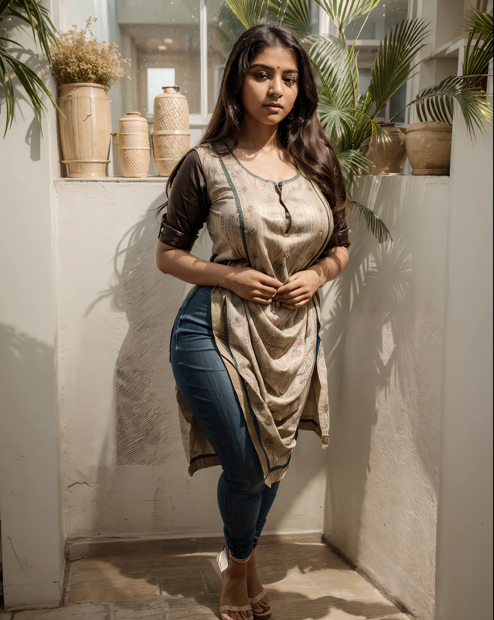 ((Masterpiece)), ((8k)),((ultra-high resolution)), Indian girl, perfect figure, Chubby face, perfect face,skinny waist and thick hips,fair skin, wearing kurta and salwar , cheap surrounding, standing on floor,