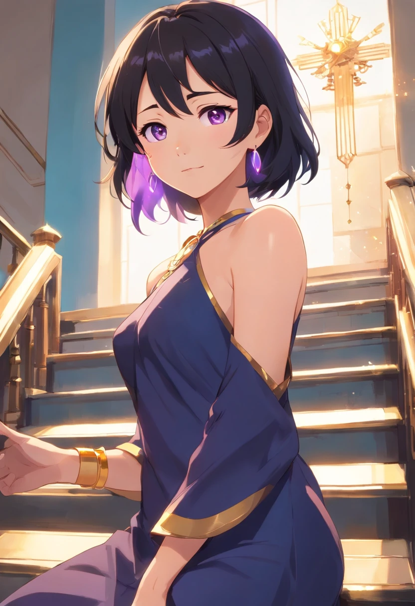 "MILF woman, tousled black hair, who is a queen of a country, violet eyes, fair, pearlescent skin, wearing an elegant and luxurious black dress that accentuates her beauty. Place her at a high-class party, entering while descending a staircase to reach the hall. She wears gold accessories such as earrings, necklaces, and bracelets. Her expression is one of security and confidence, while also displaying humility and kindness."
