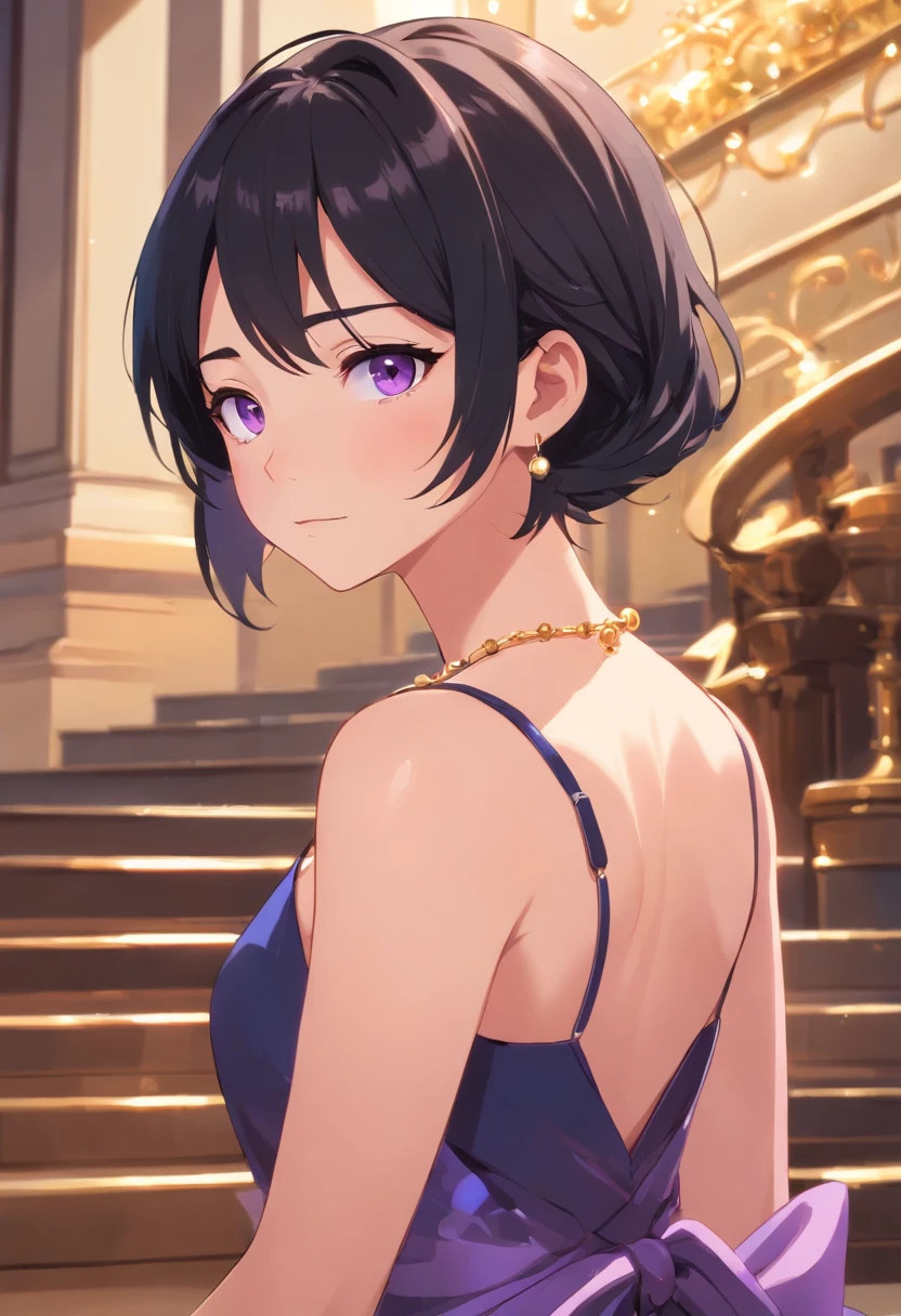 "MILF woman, tousled black hair, who is a queen of a country, violet eyes, fair, pearlescent skin, wearing an elegant and luxurious black dress that accentuates her beauty. Place her at a high-class party, entering while descending a staircase to reach the hall. She wears gold accessories such as earrings, necklaces, and bracelets. Her expression is one of security and confidence, while also displaying humility and kindness."