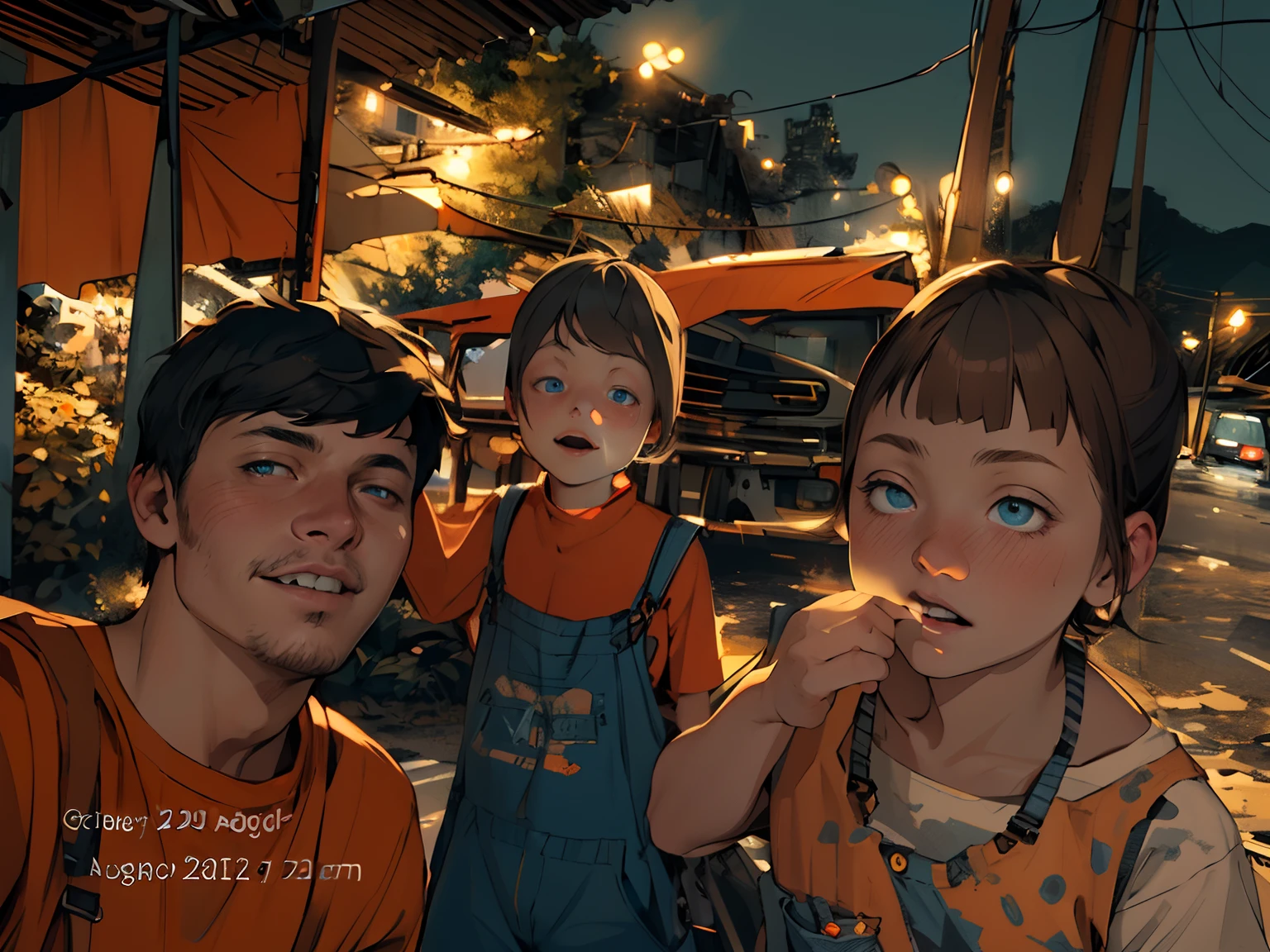 ridiculousness, beautiful face, detailed eyes, beautiful eyes, blue eyes, masterpiece, best quality, 1 person, beautiful adult girl, age 20, long brown hair, wearing orange mechanic overalls and white t-shirt, bright blue eyes, detailed face, serious emotion, night in the background, dramatic lighting, dynamic angle, dynamic pose, against the background of the night and dynamic lighting, the background is a large black car on the road